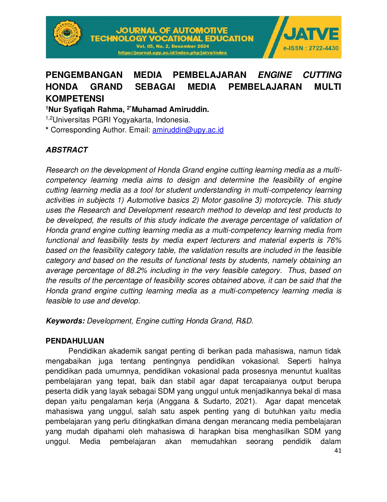 JURIS Pengembangan Media Pembelajaran Engine Cutting Honda Grand Sebagai Media Pembelajaran Multi Kompetensi