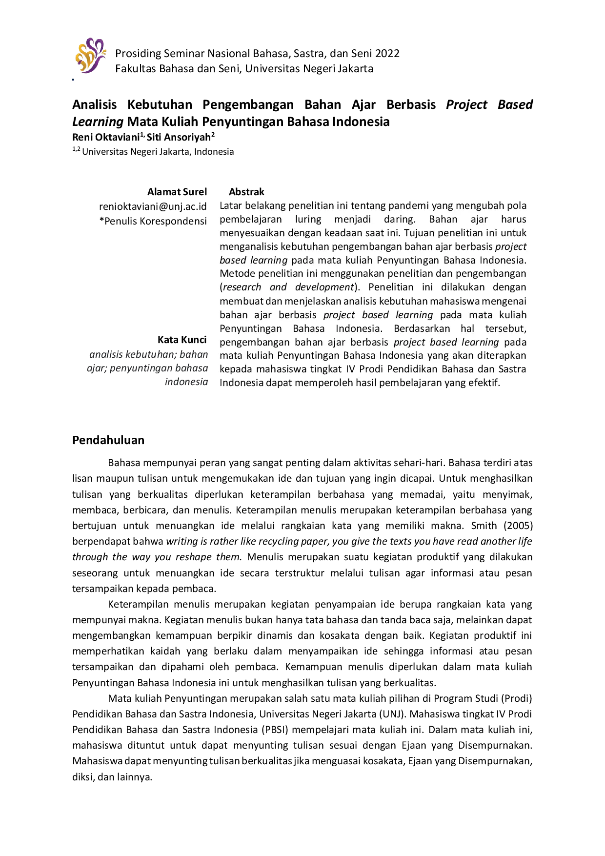 JURIS Analisis Kebutuhan Pengembangan Bahan Ajar Berbasis Project Based Learning Mata Kuliah Penyuntingan Bahasa Indonesia