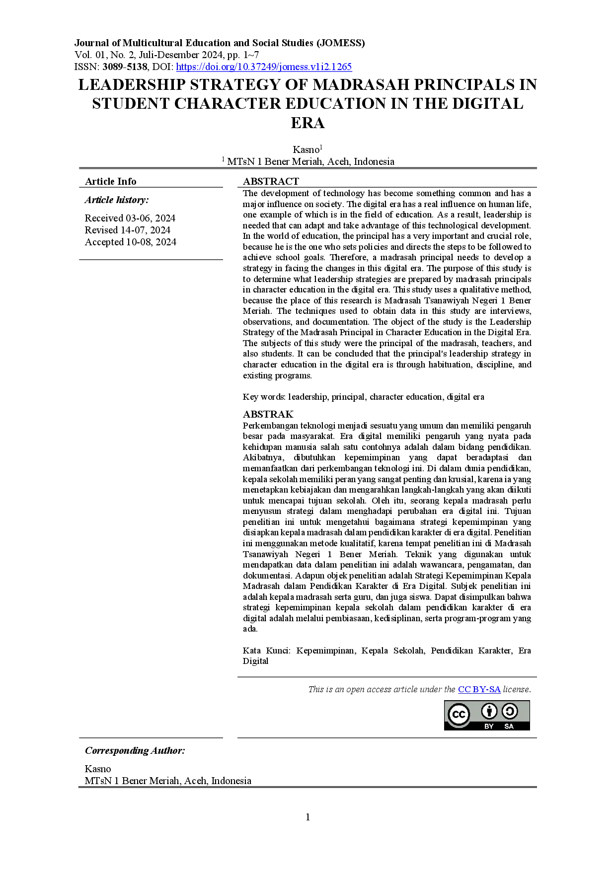 juris Leadership Strategy of Madrasah Principals in Student Character Education in the Digital Era