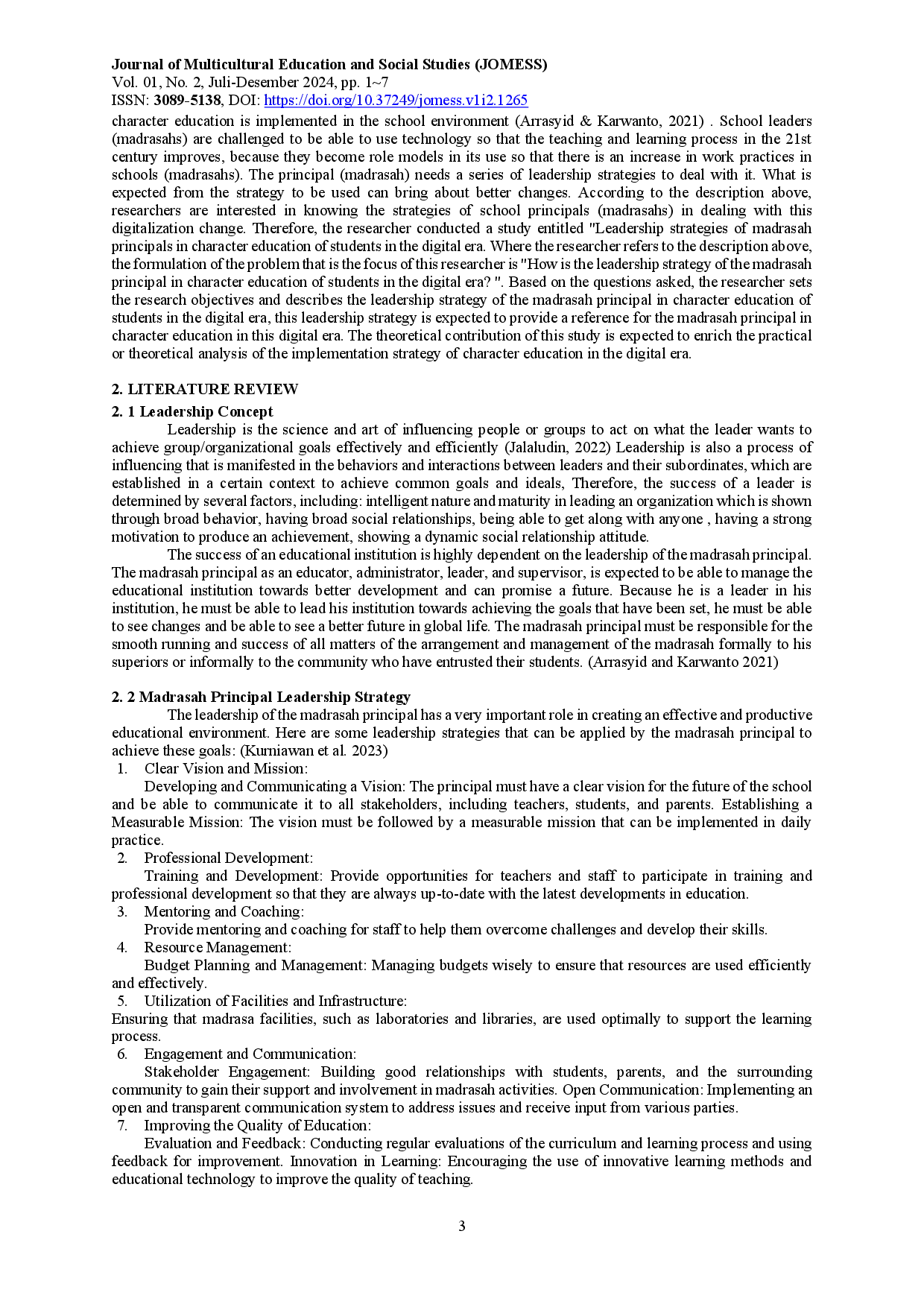 juris Leadership Strategy of Madrasah Principals in Student Character Education in the Digital Era