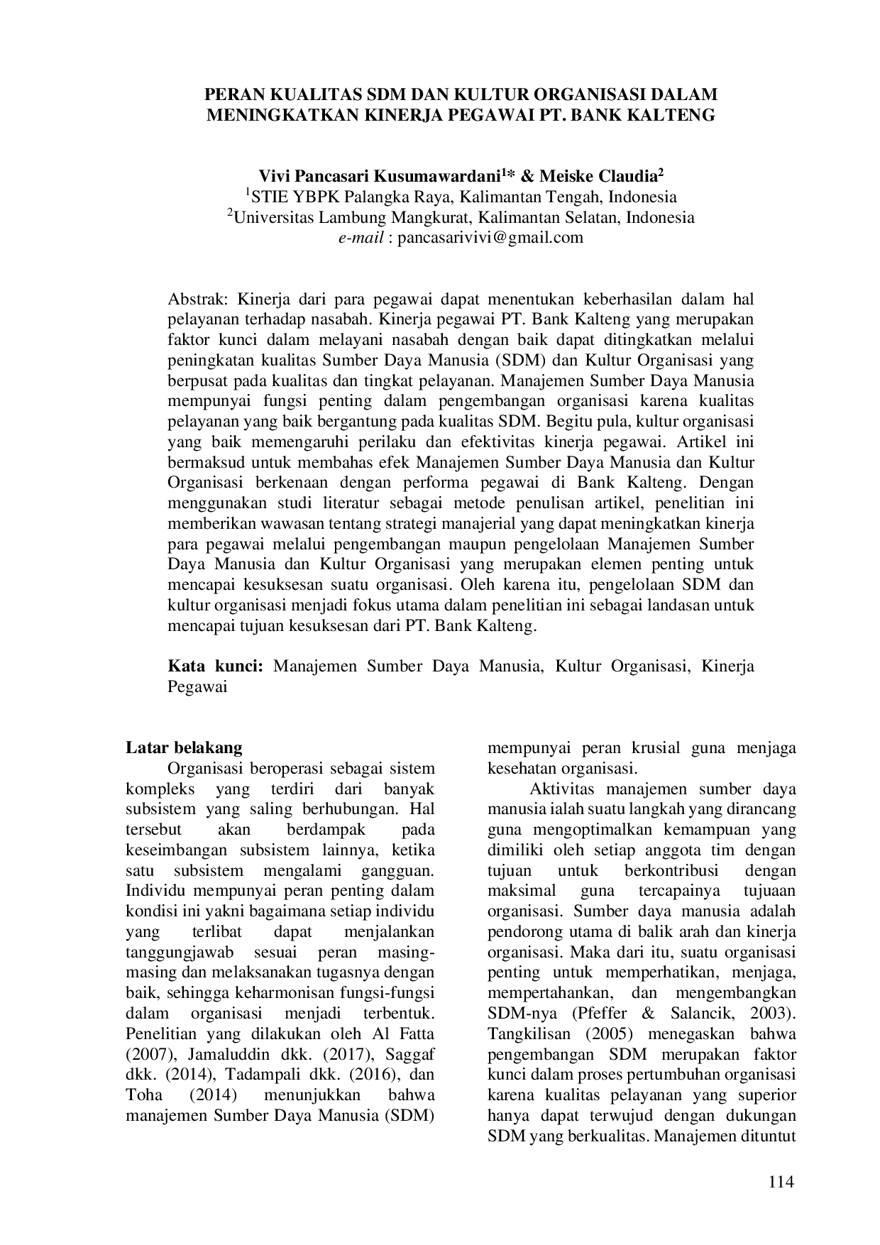 JURIS Peran Kualitas SDM dan Kultur Organisasi Dalam Meningkatkan Kinerja Pegawai PT Bank Kalteng