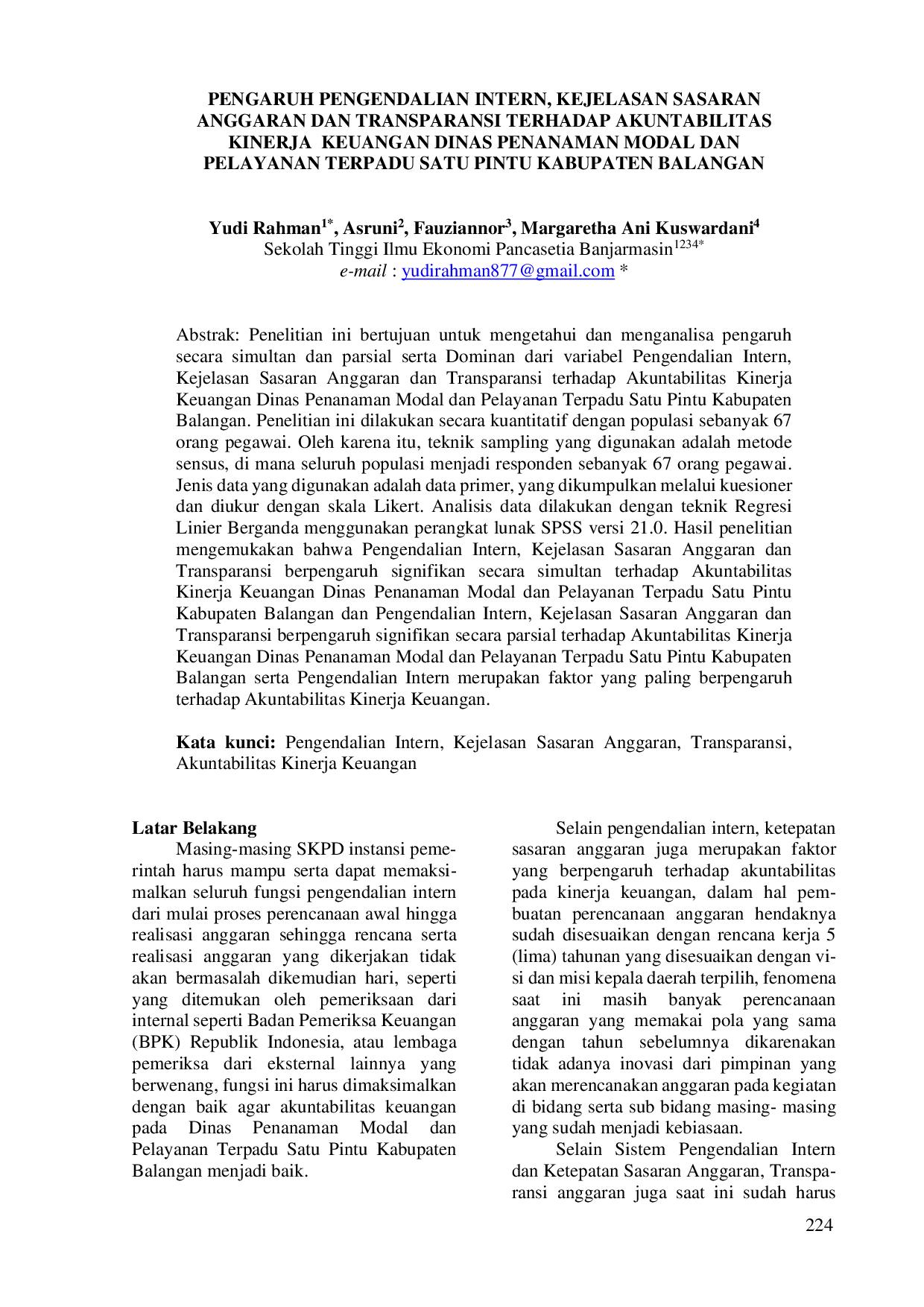 JURIS PENGARUH PENGENDALIAN INTERN KEJELASAN SASARAN ANGARAN DAN TRANSPARANSI TERHADAP AKUNTABILITAS KINERJA KEUANGAN DINAS PENANAMAN MODAL DAN PELAYANAN TERPADU SATU PINTU KABUPATEN BALANGAN