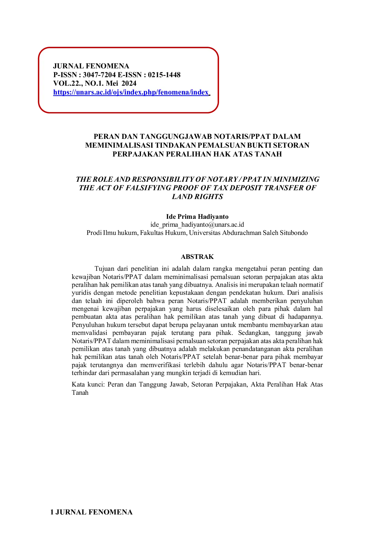 JURIS Peran Dan Tanggungjawab Notaris ppat Dalam Meminimalkan Tindakan Pemalsuan Bukti Setoran Perpajakan Peralihan Hak Atas Tanah