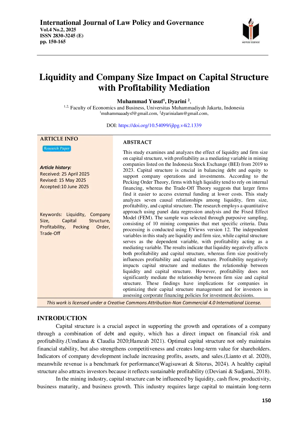 JURIS Liquidity and Company Size Impact on Capital Structure with Profitability Mediation
