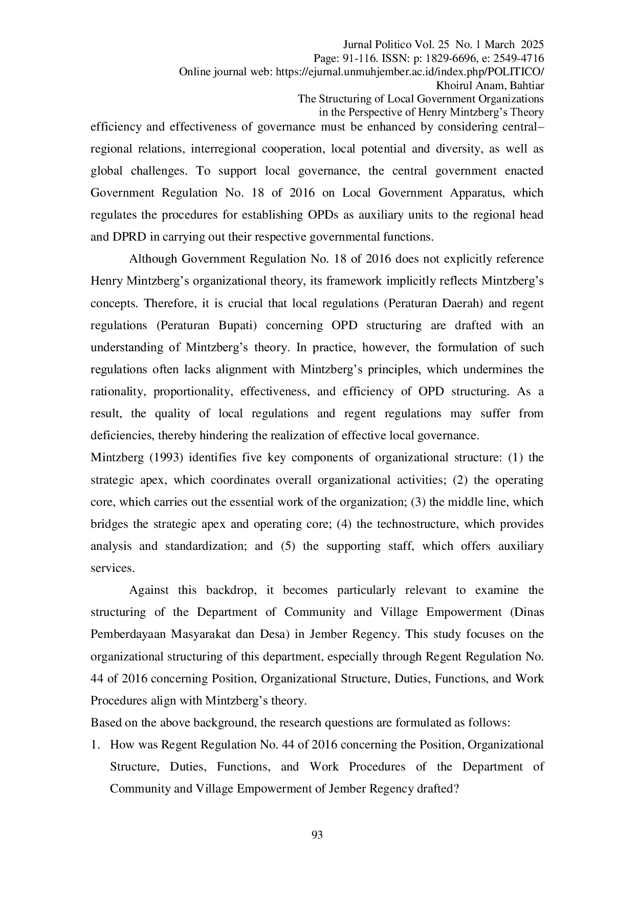 JURIS The Structuring of Local Government Organizations The Perspective of Henry Mintzberg s Theory