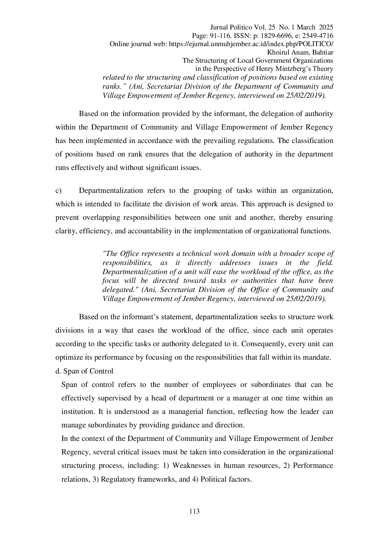 JURIS The Structuring of Local Government Organizations The Perspective of Henry Mintzberg s Theory