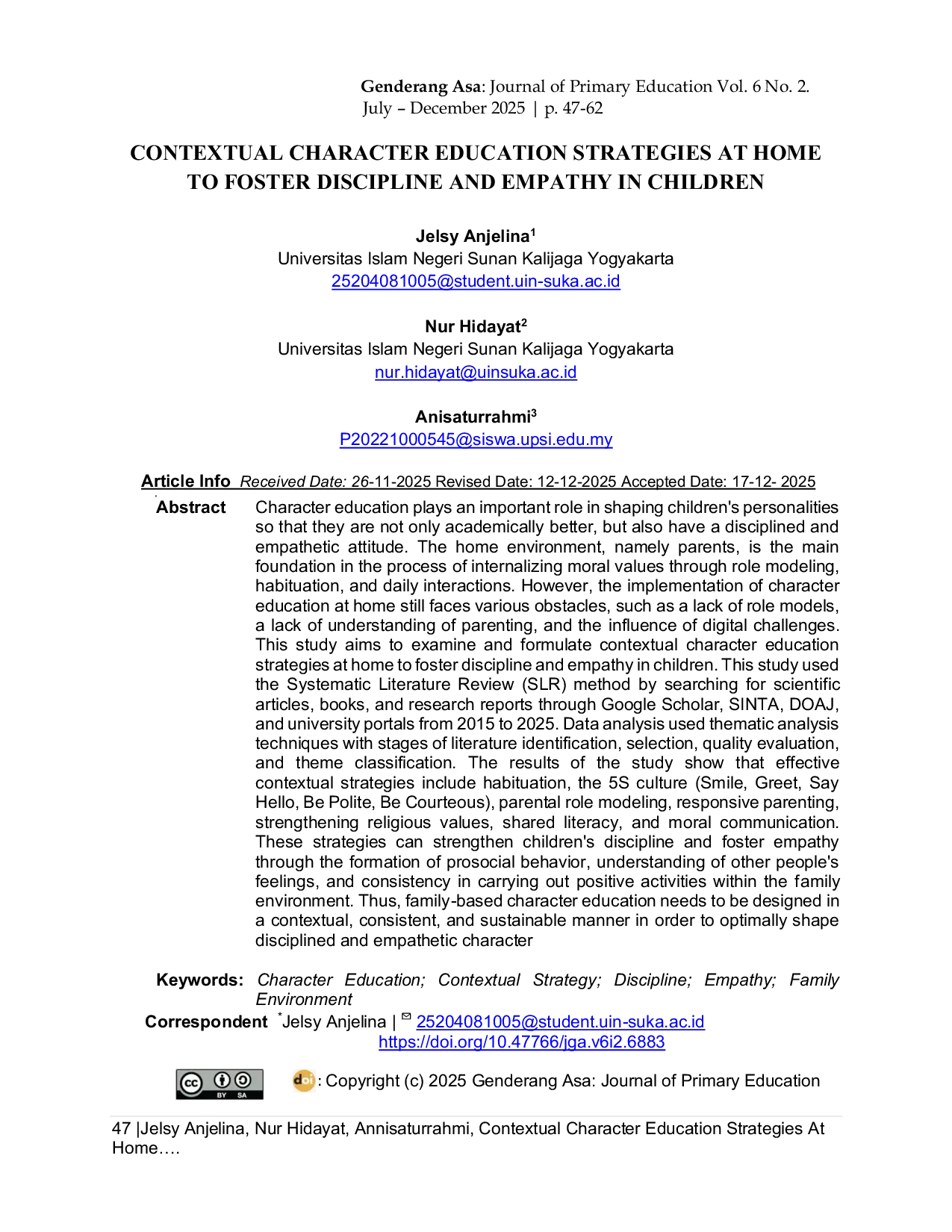 JURIS Contextual Character Education Strategies at Home to Foster Discipline and Empathy In Children