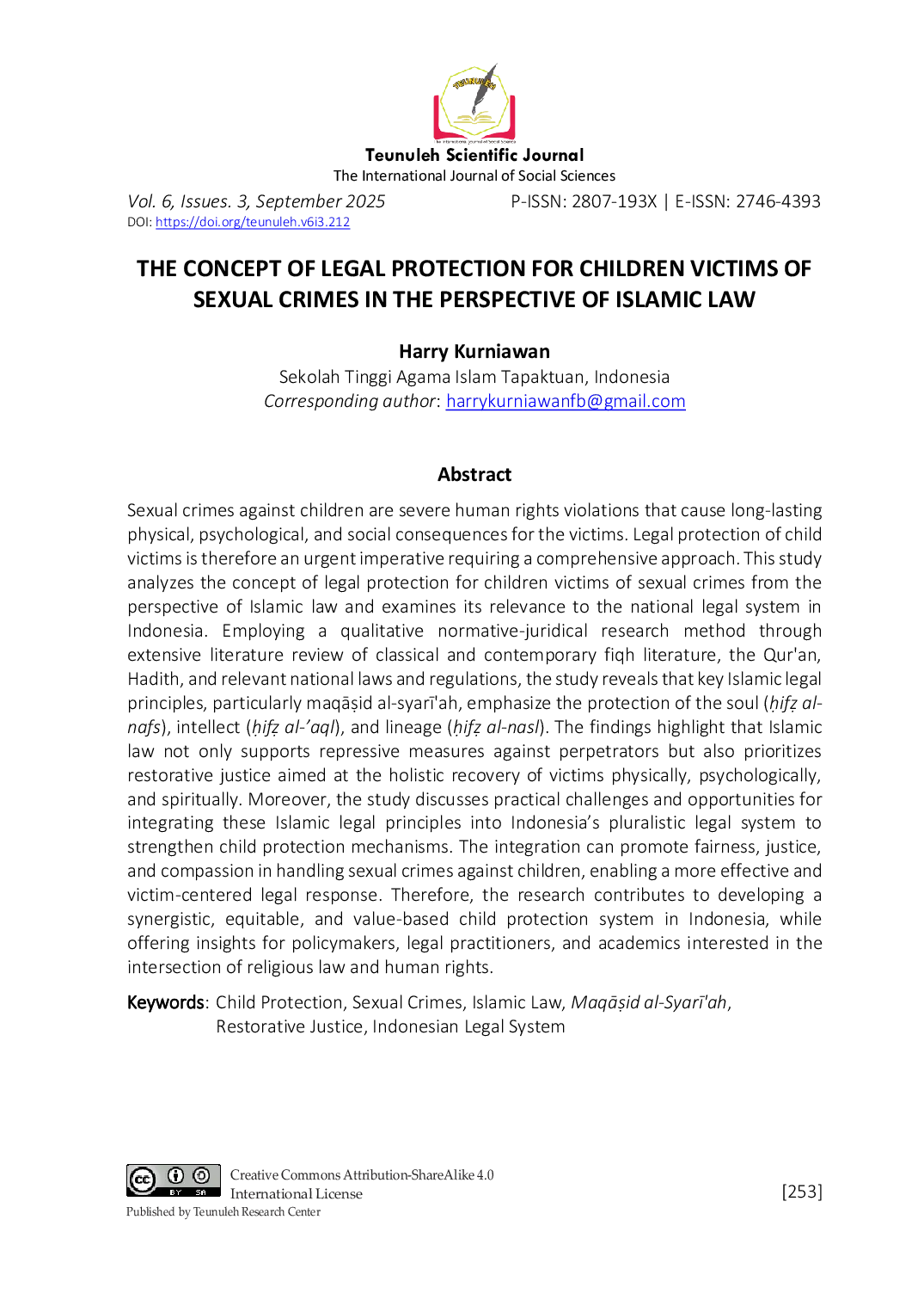 JURIS The Concept of Legal Protection for Children Victims of Sexual Crimes in the Perspective of Islamic Law
