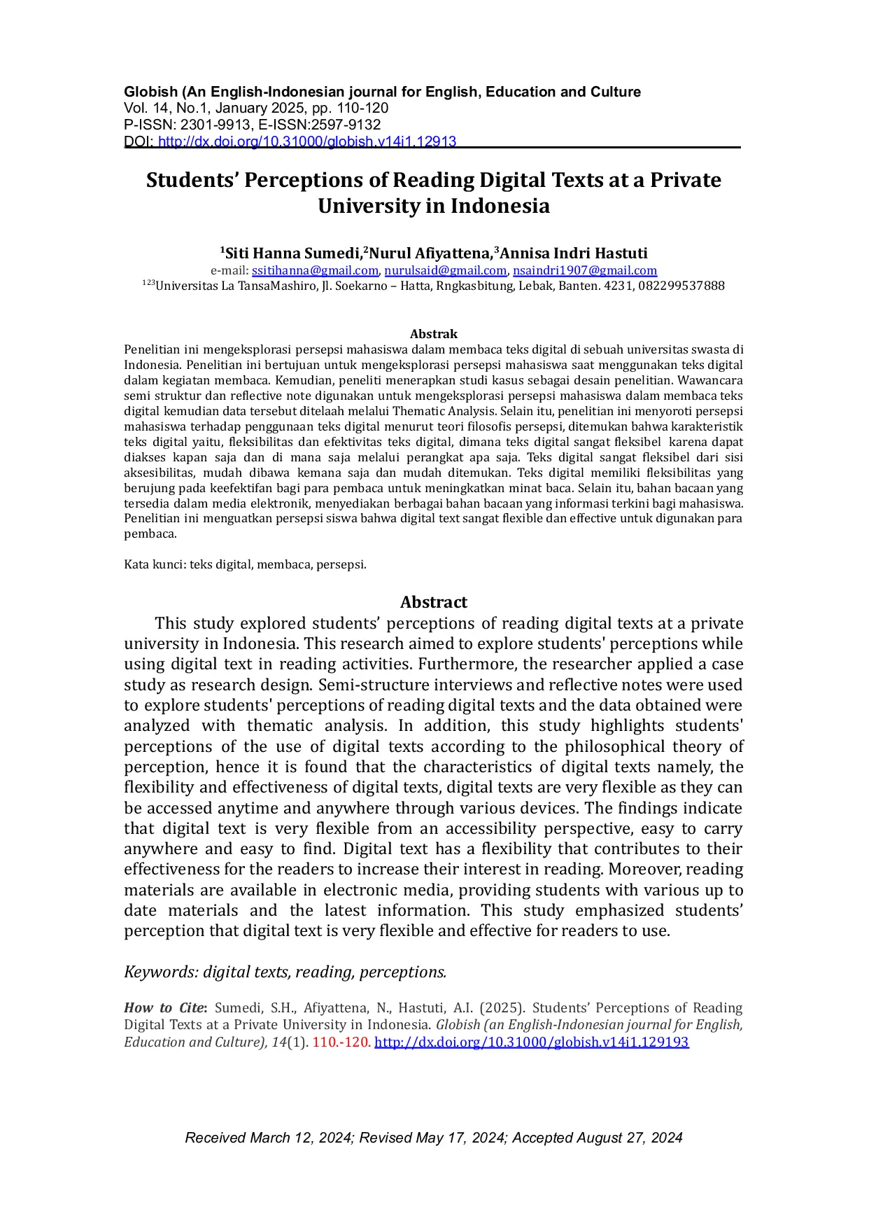 JURIS Students Perceptions of Reading Digital Texts at a Private University in Indonesia