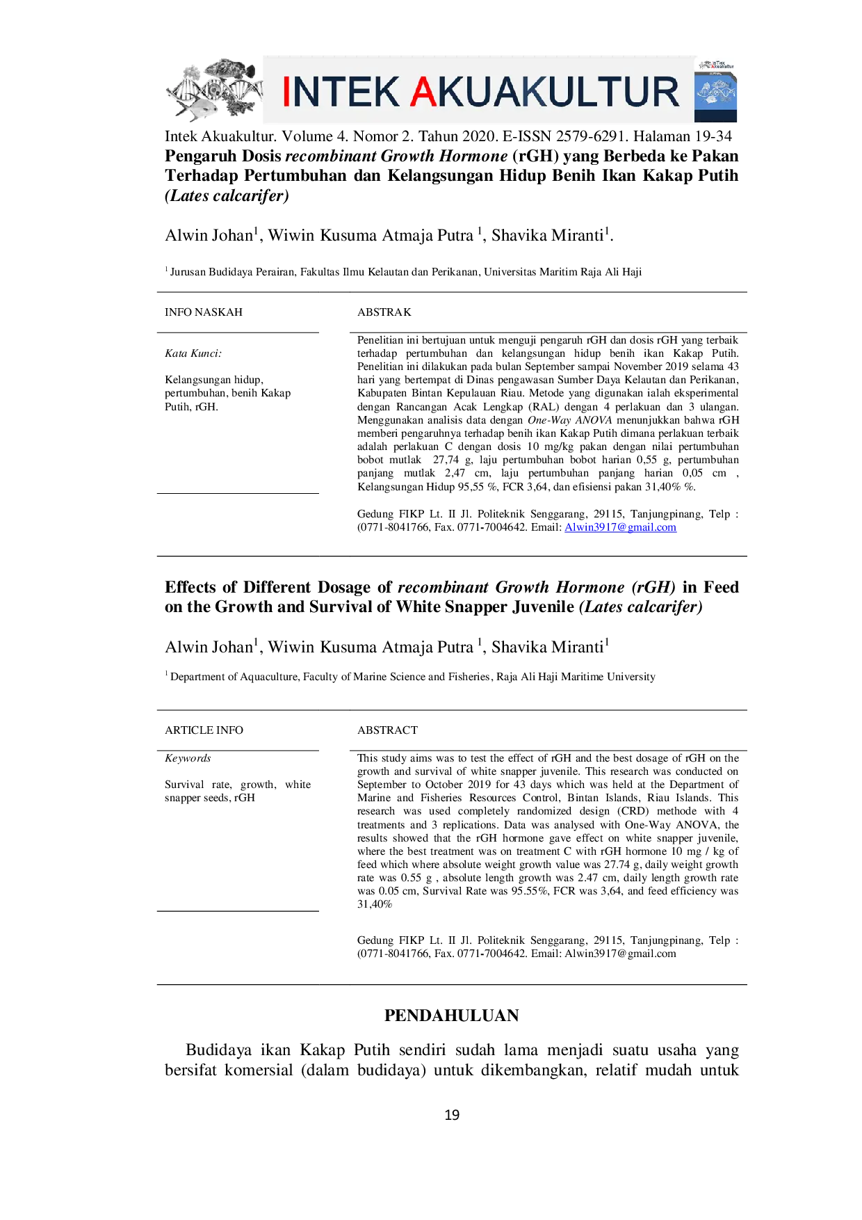 JURIS Effects of Different Dosage of recombinant Growth Hormone rGH in Feed on the Growth and Survival of White Snapper Juvenile Lates calcarifer