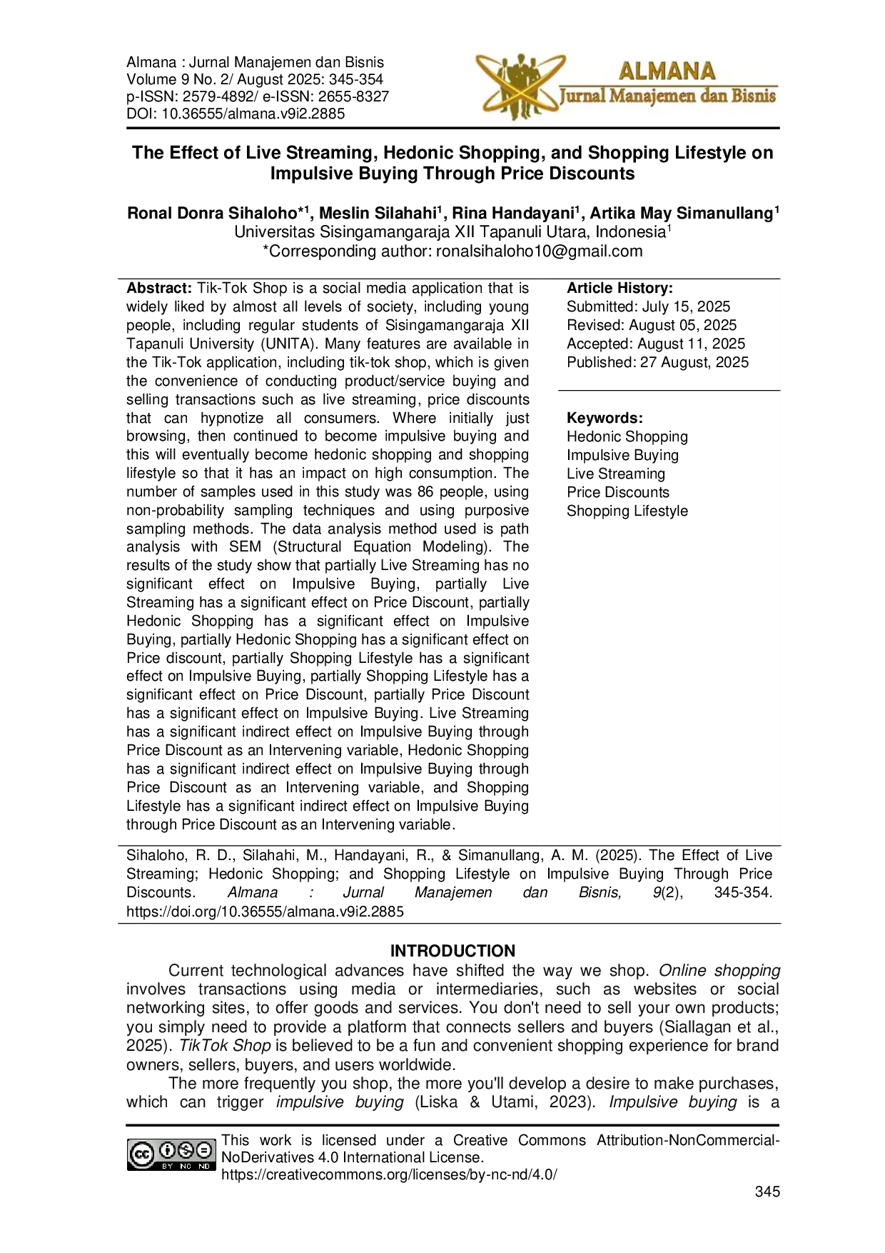 JURIS The Effect of Live Streaming Hedonic Shopping and Shopping Lifestyle on Impulsive Buying Through Price Discounts