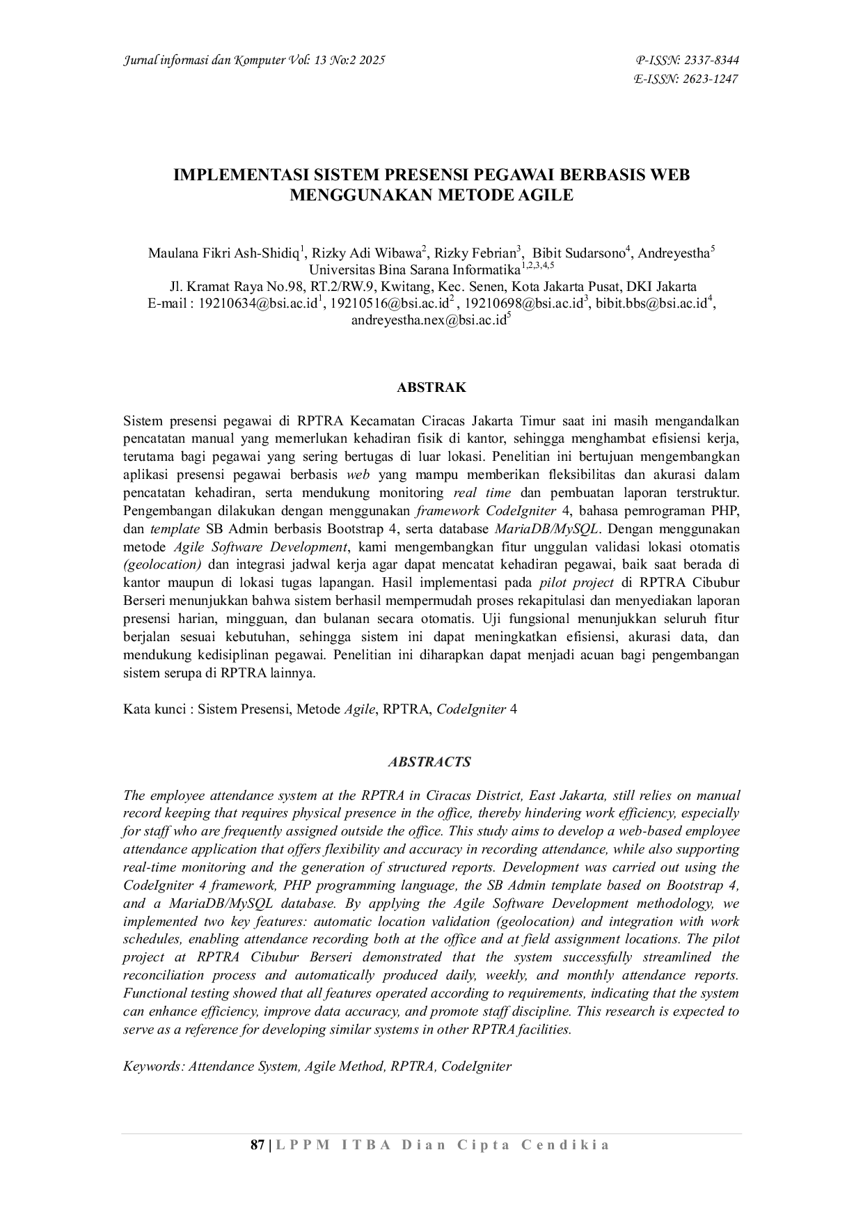 JURIS Implementasi Sistem Presensi Pegawai Berbasis Web Menggunakan Metode Agile