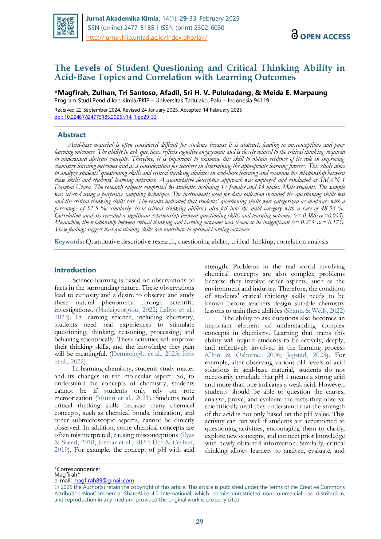 JURIS The Levels of Student Questioning and Critical Thinking Ability in Acid Base Topics and Correlation with Learning Outcomes