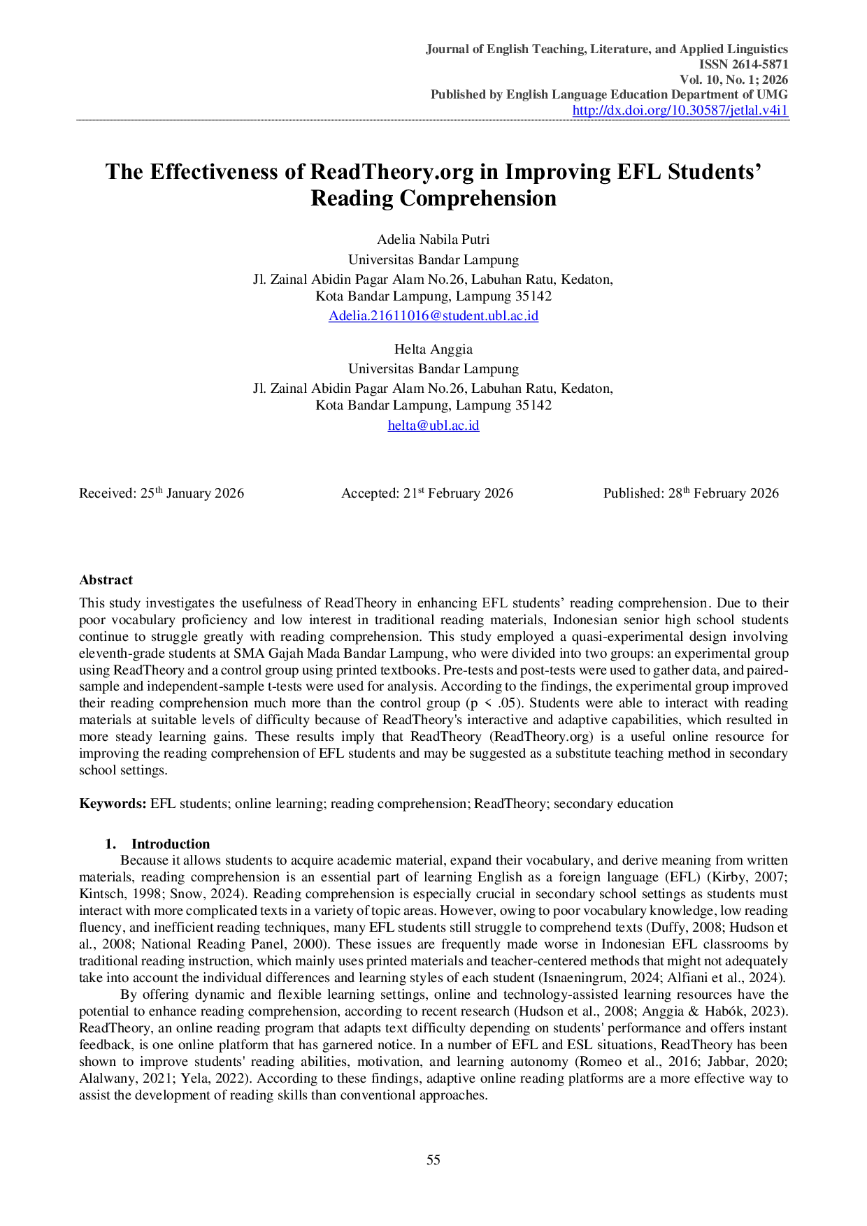 JURIS The Effectiveness of ReadTheory in Improving EFL Students Reading Comprehension