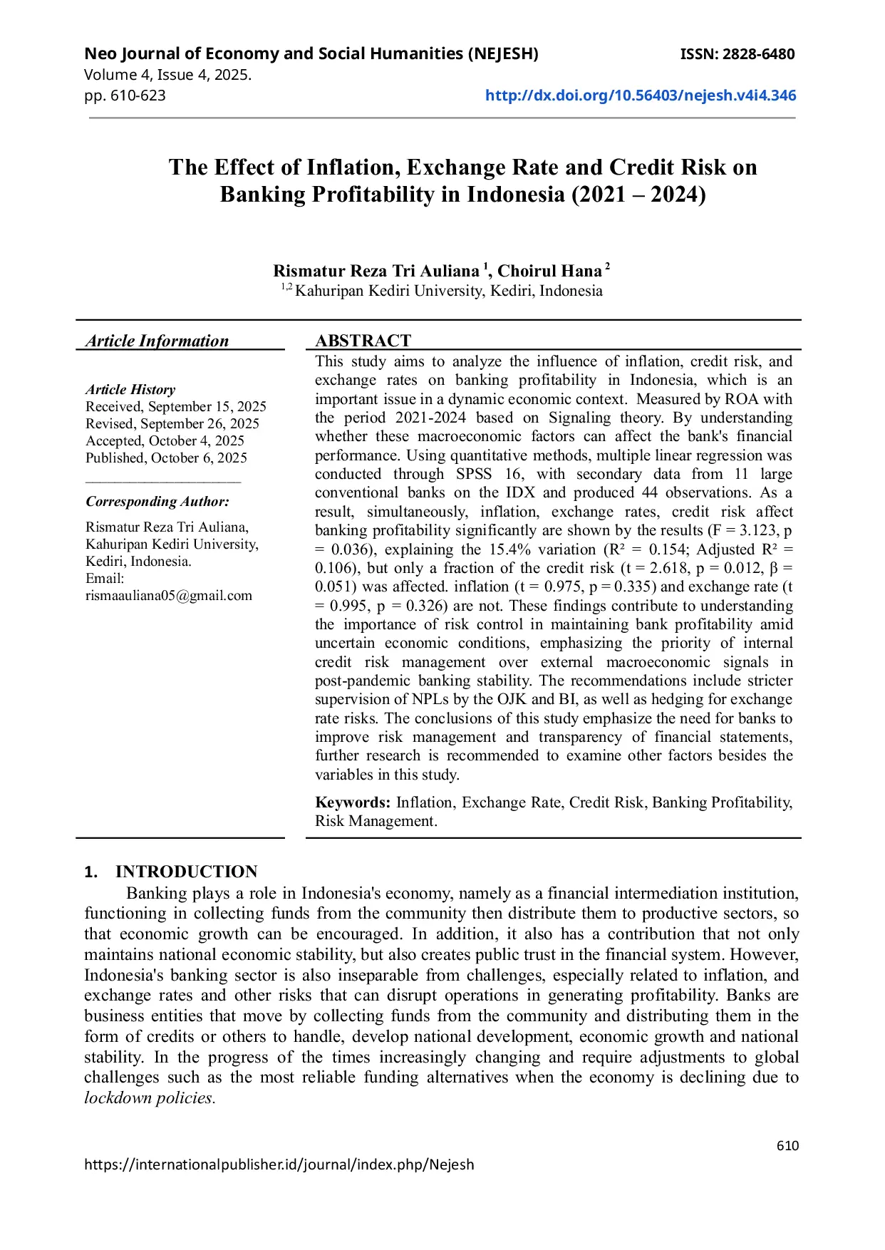JURIS The Effect Of Inflation Exchange Rate And Credit Risk On Banking Profitability In Indonesia 2021 2024