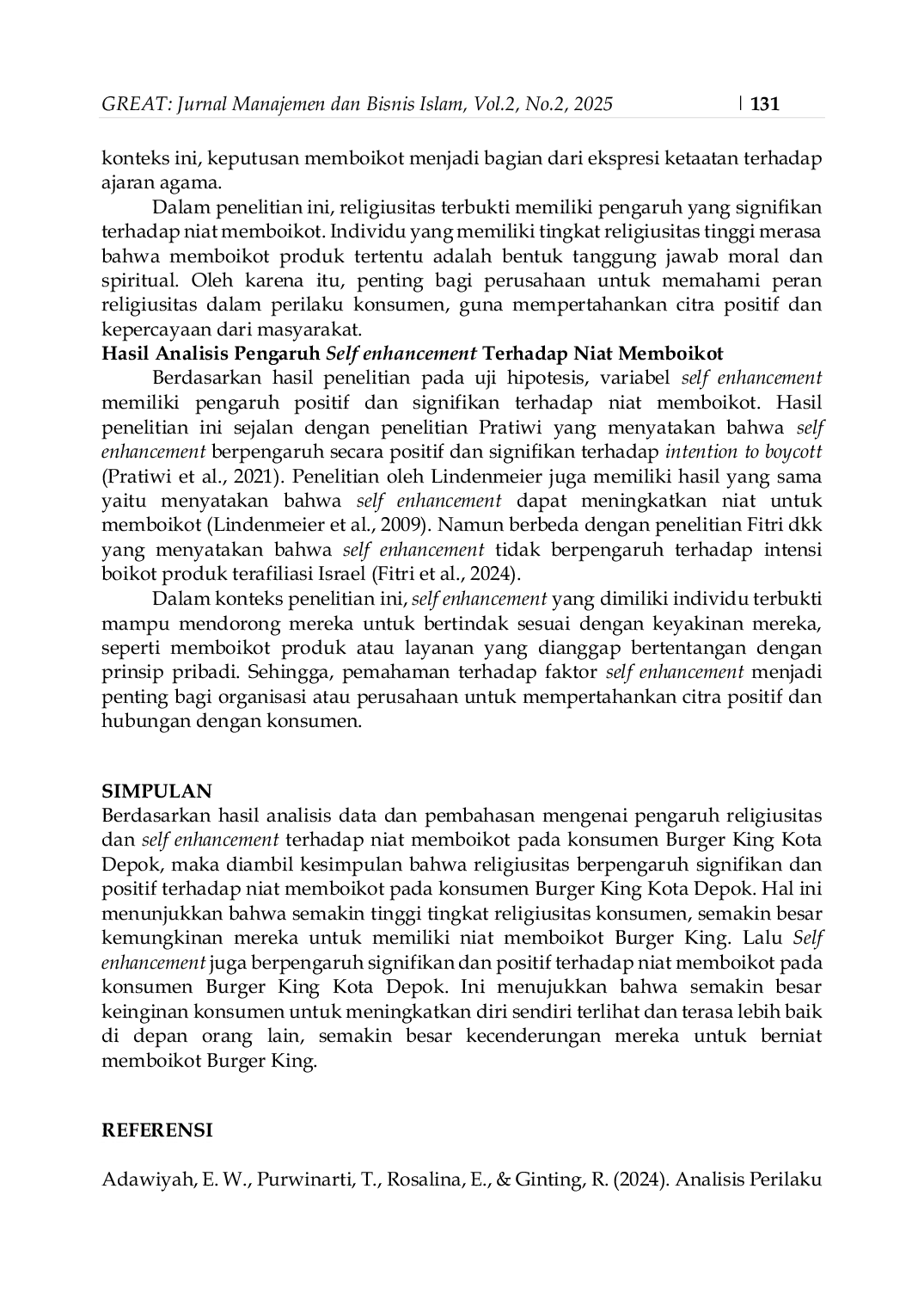 JURIS Pengaruh Religiusitas dan Self Enhancement Terhadap Niat Memboikot pada Makanan Cepat Saji Studi Kasus Konsumen Kota Depok