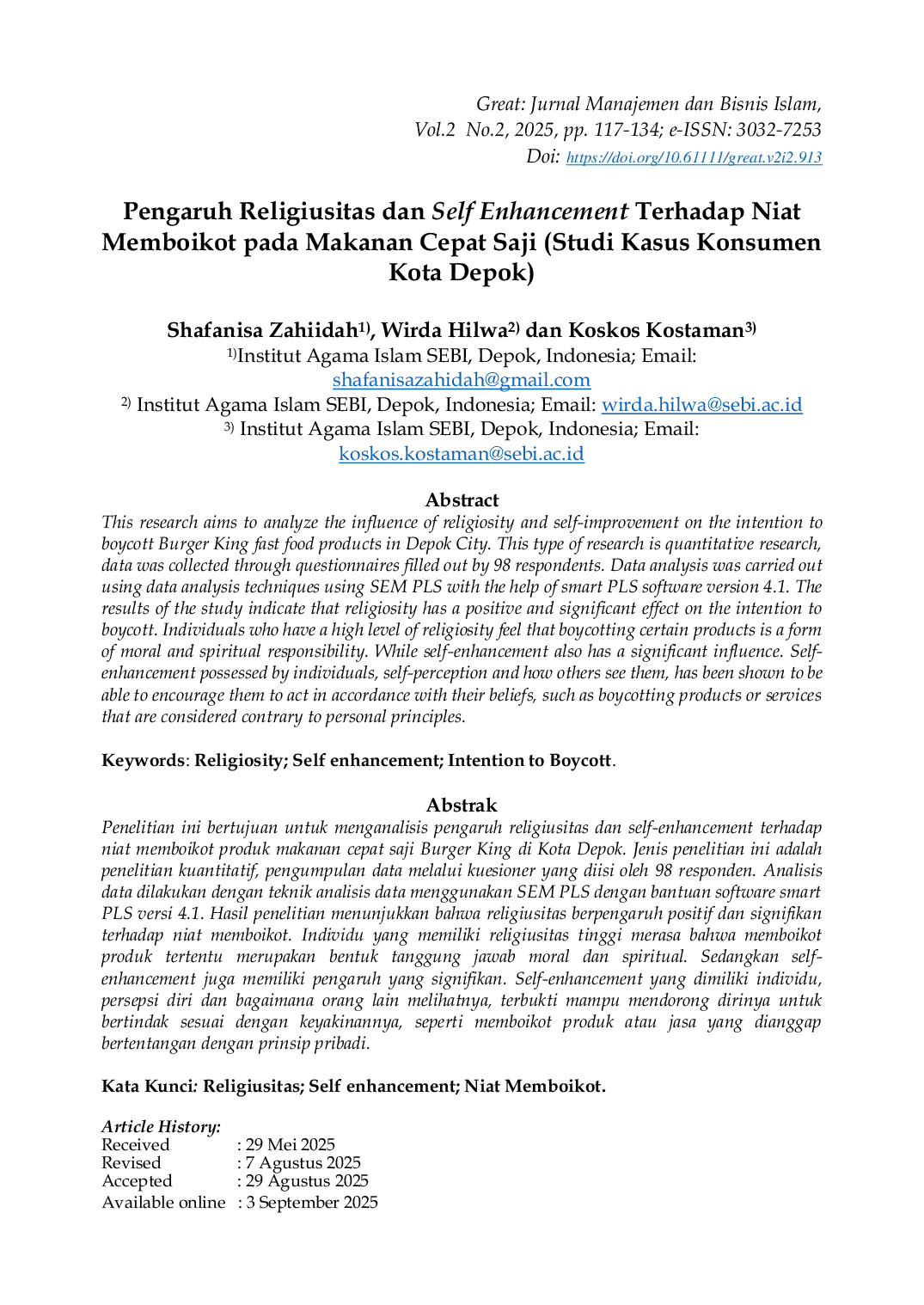 JURIS Pengaruh Religiusitas dan Self Enhancement Terhadap Niat Memboikot pada Makanan Cepat Saji Studi Kasus Konsumen Kota Depok