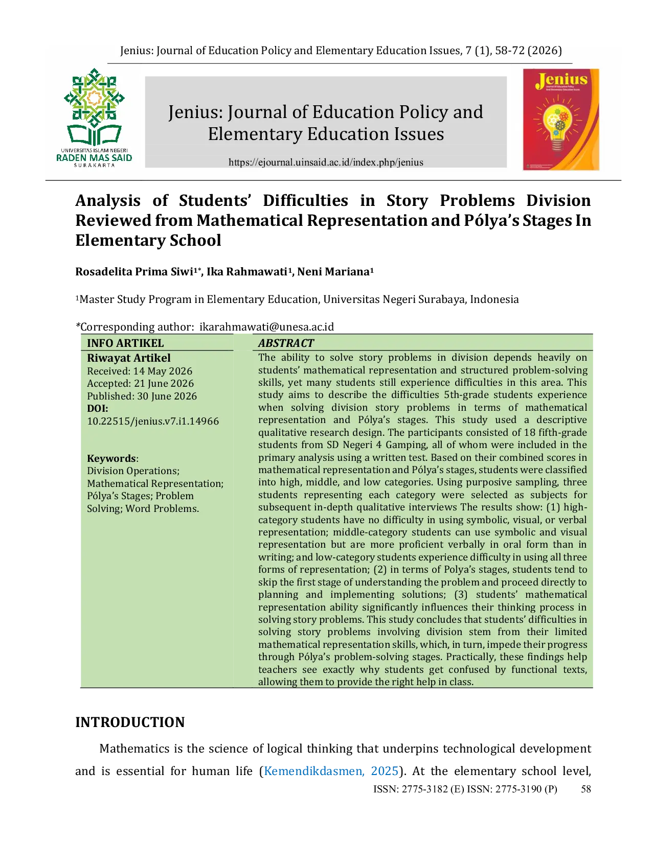 JURIS Analysis of Students Difficulties in Story Problems Division Reviewed from Mathematical Representation and Polya s Stages In Elementary School