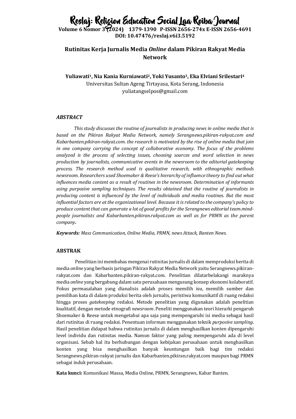 JURIS Rutinitas Kerja Jurnalis Media Online Dalam Pikiran Rakyat Media Network