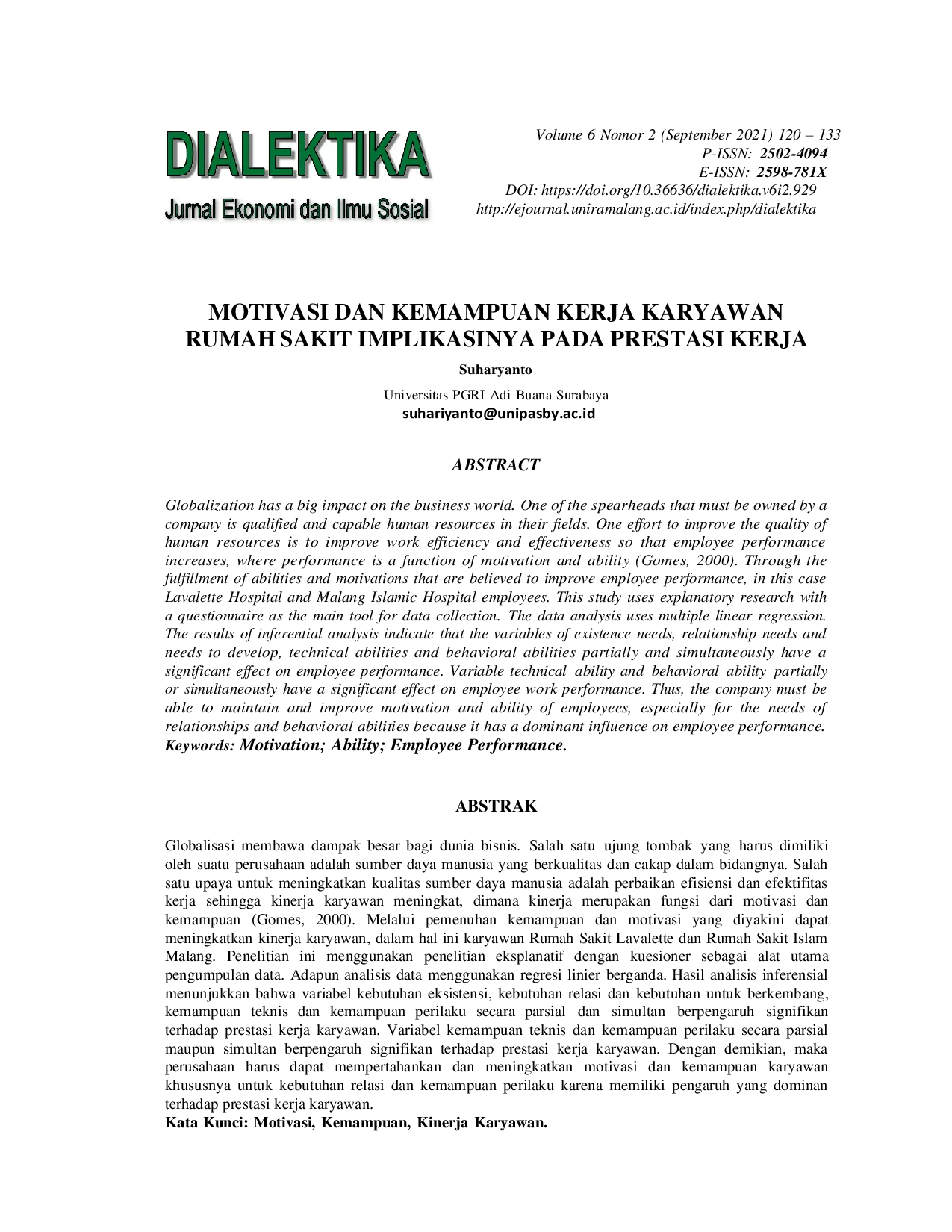 JURIS Motivasi dan Kemampuan Kerja Karyawan Rumah Sakit Implikasinya pada Prestasi Kerja