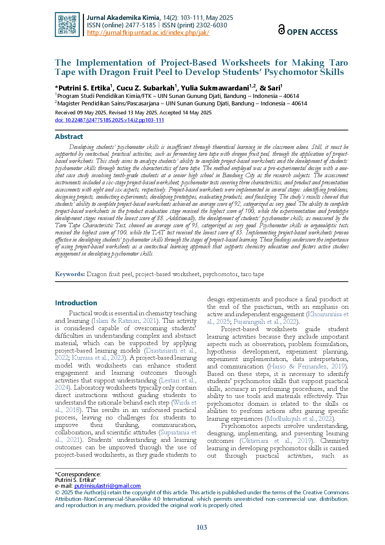 juris The Implementation of Project Based Worksheets for Making Taro Tape with Dragon Fruit Peel to Develop Students Psychomotor Skills