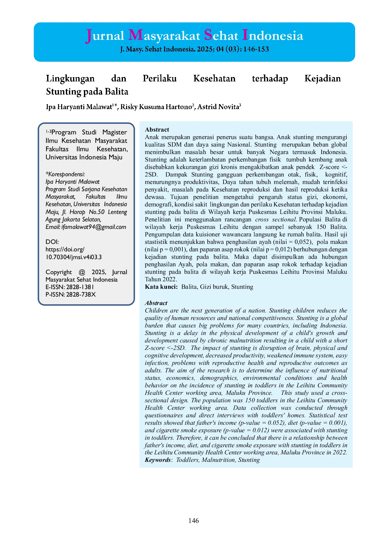 JURIS Lingkungan dan Perilaku Kesehatan terhadap Kejadian Stunting pada Balita