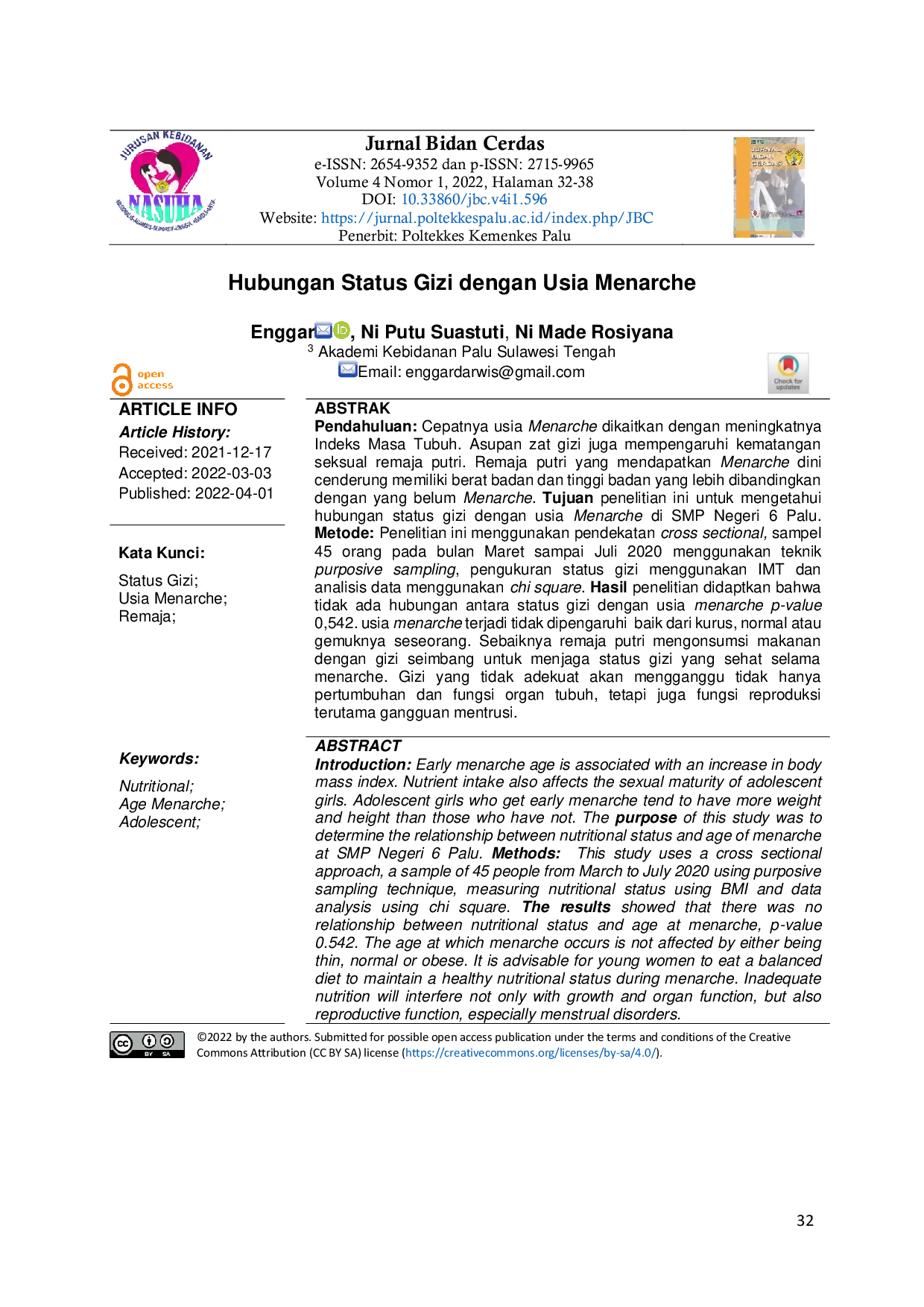 JURIS Hubungan Status Gizi dengan Usia Menarche Relationship between Nutritional Status and Age of Menarche