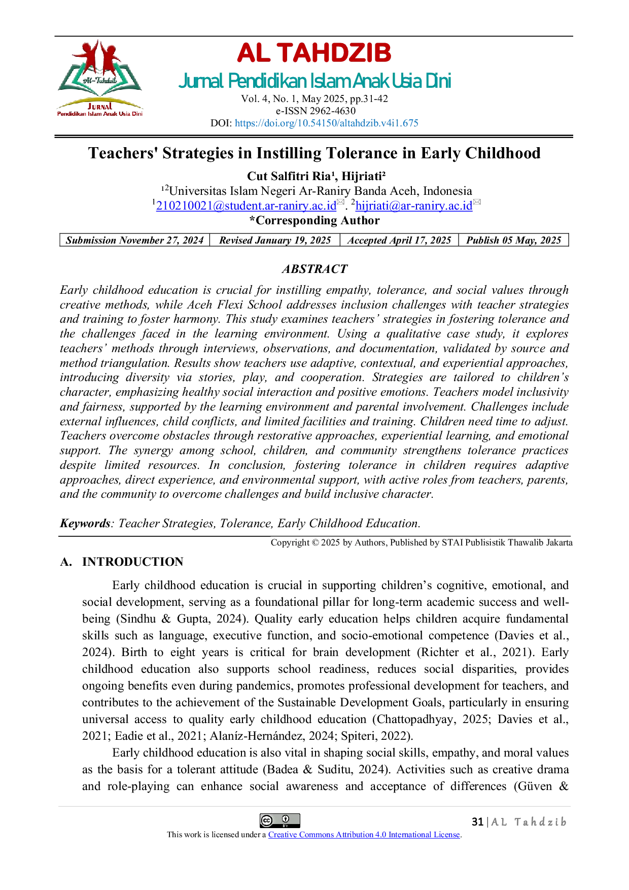 JURIS Teachers Strategies in Instilling Tolerance in Early Childhood