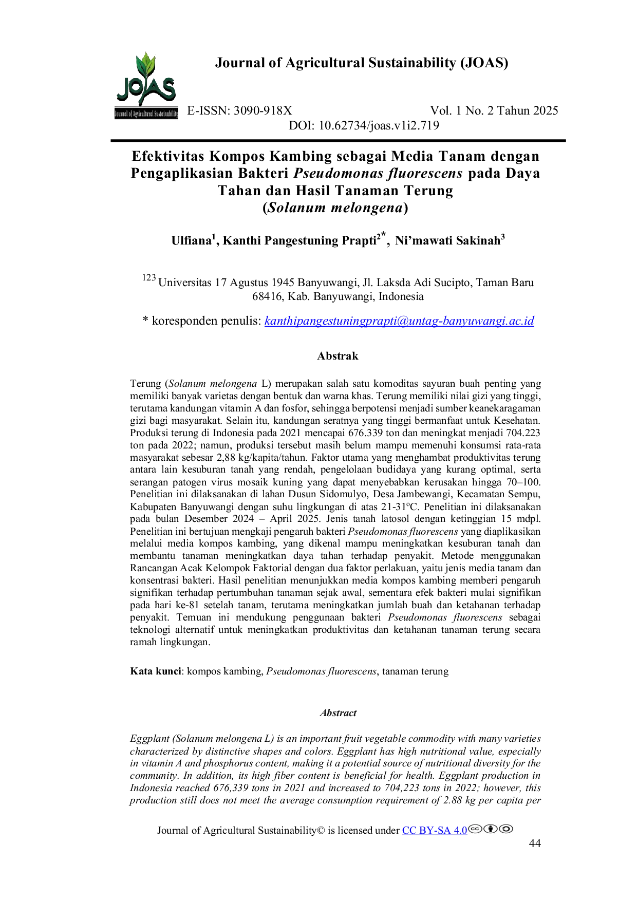 JURIS Efektivitas Kompos Kambing sebagai Media Tanam dengan Pengaplikasian Bakteri Pseudomonas Fluorescens Pada Daya Tahan dan Hasil Tanaman Terung Solanum Melongena