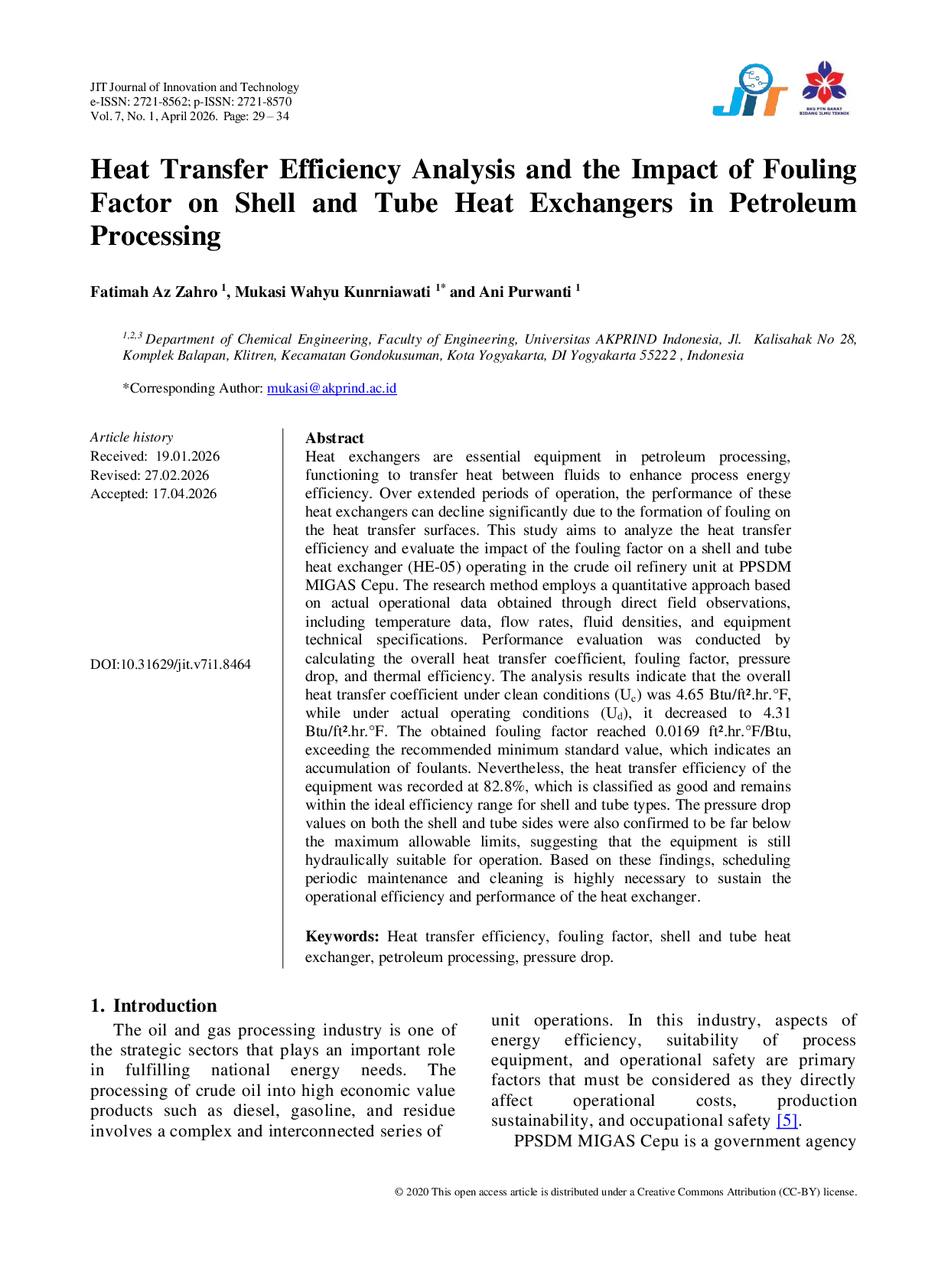 JURIS Heat Transfer Efficiency Analysis and the Impact of Fouling Factor on Shell and Tube Heat Exchangers in Petroleum Processing