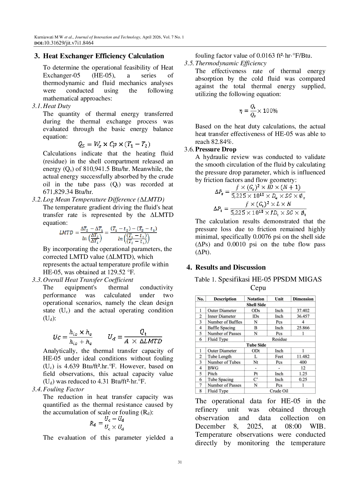 JURIS Heat Transfer Efficiency Analysis and the Impact of Fouling Factor on Shell and Tube Heat Exchangers in Petroleum Processing