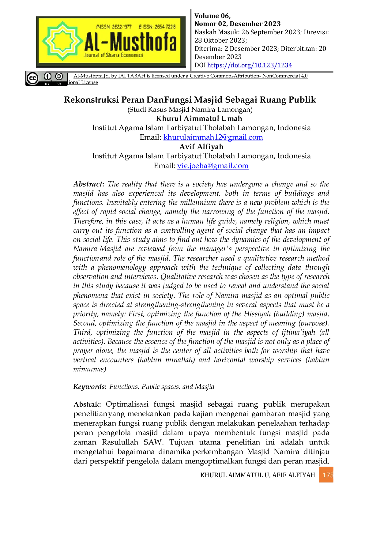 JURIS Rekonstruksi Peran Dan Fungsi Masjid Sebagai Ruang Publik Studi Kasus Di Masjid Namira Lamongan