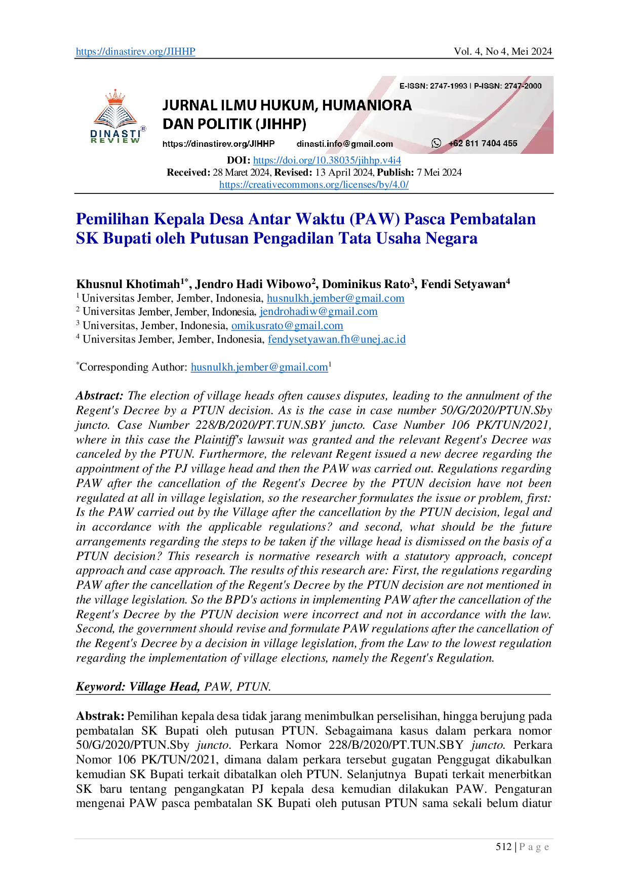 JURIS Pemilihan Kepala Desa Antar Wakt Pemilihan Kepala Desa Antar Waktu PAW Pasca Pembatalan SK Bupati oleh Putusan Pengadilan Tata Usaha Negara