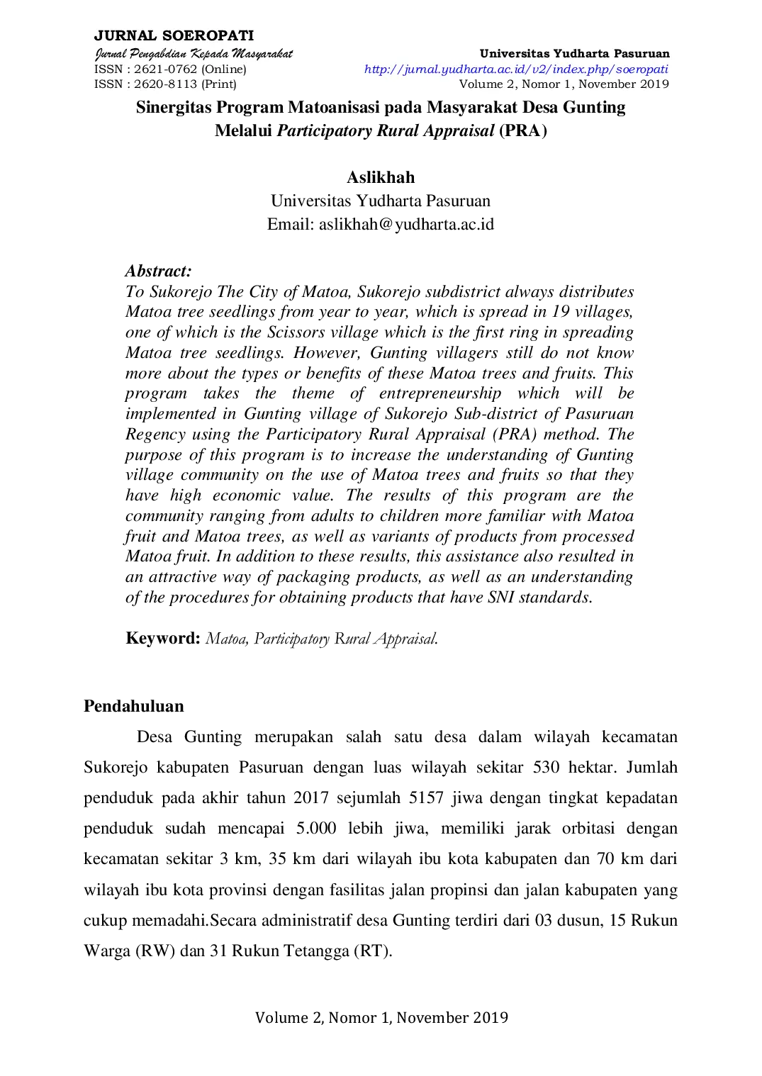 JURIS Sinergitas Program Matoanisasi Pada Masyarakat Desa Gunting Melalui Participatory Rural Appraisal PRA