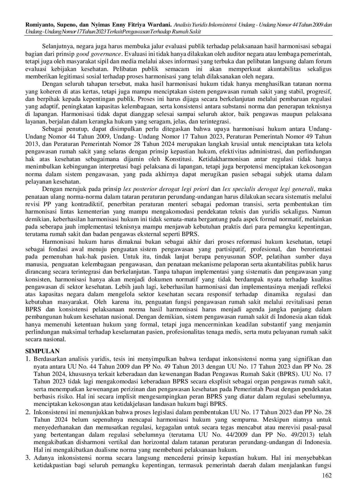 JURIS Analisis Yuridis Inkonsistensi Undang Undang Nomor 44 Tahun 2009 dan Undang Undang Nomor 17 Tahun 2023 Terkait Pengawasan Terhadap Rumah Sakit