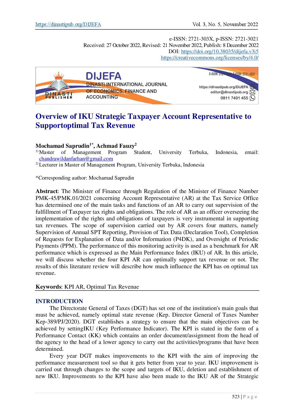 juris Overview of IKU Strategic Taxpayer Account Representative to Supportoptimal Tax Revenue