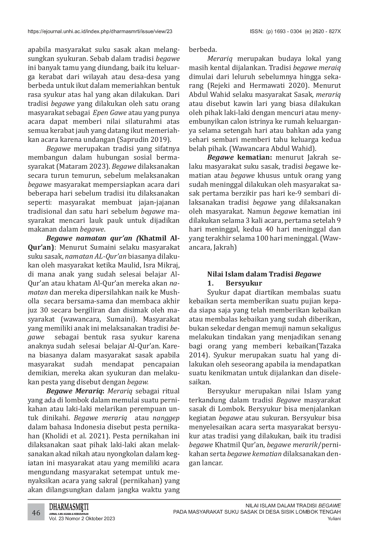 JURIS Nilai Islam Dalam Tradisi Begawe Pada Masyarakat Suku Sasak Di Desa Sisik Lombok Tengah