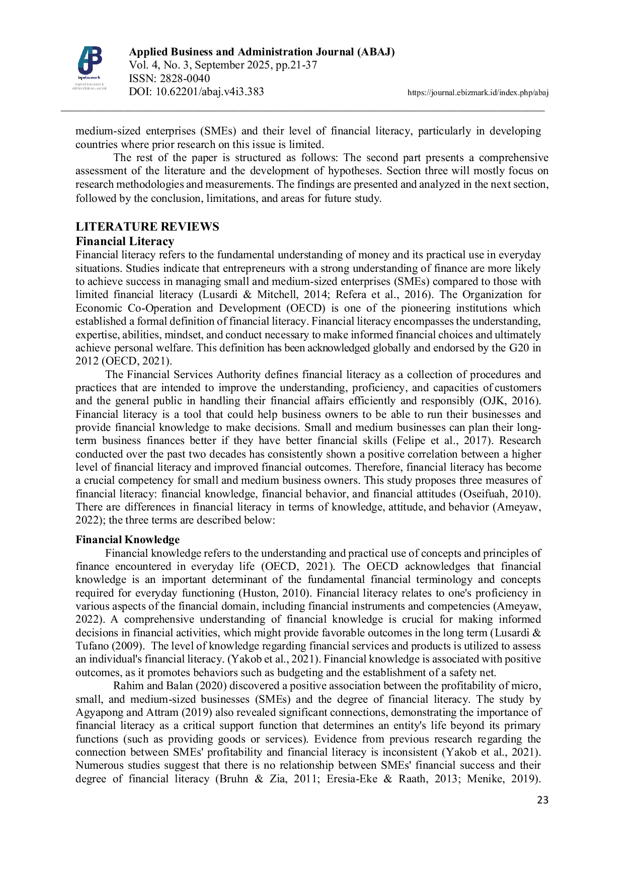 JURIS The Effects of Financial Literacy on the Profitability of SMEs in Malang District Indonesia