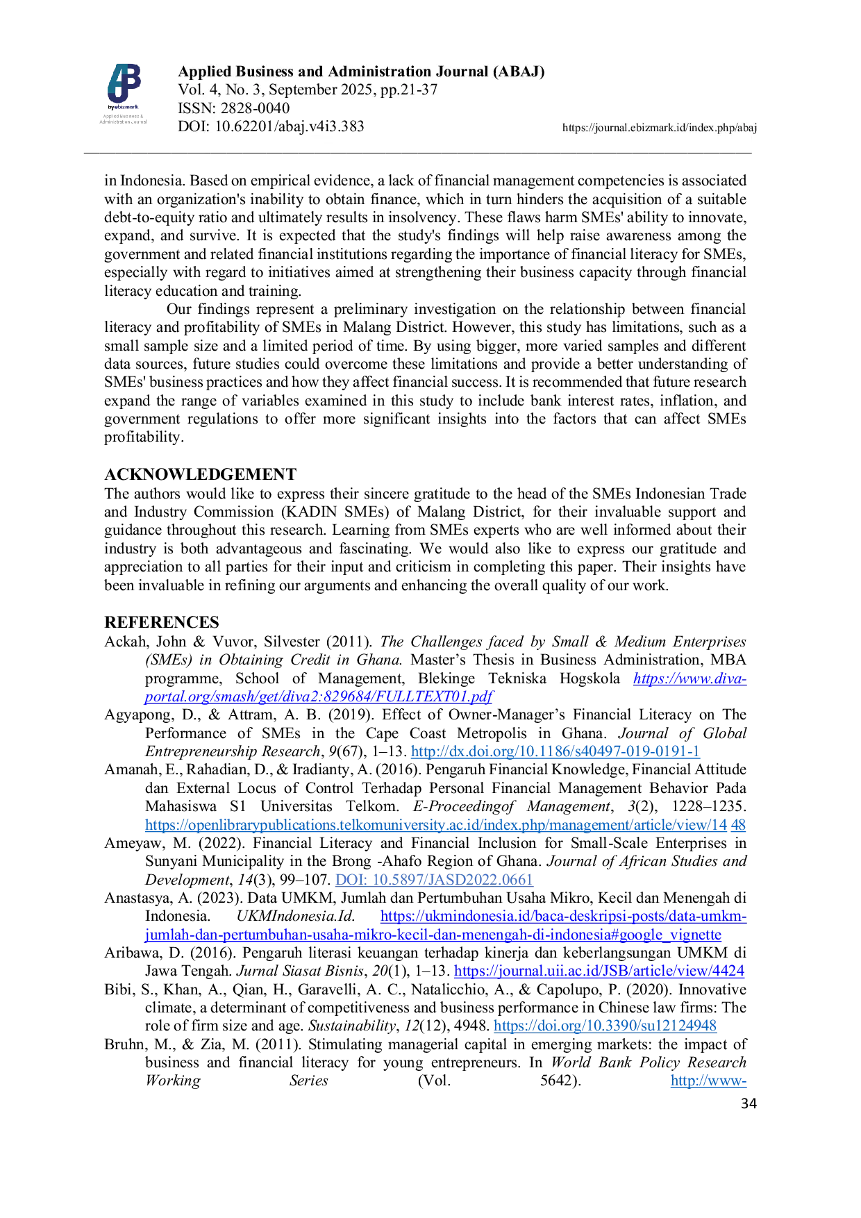 JURIS The Effects of Financial Literacy on the Profitability of SMEs in Malang District Indonesia