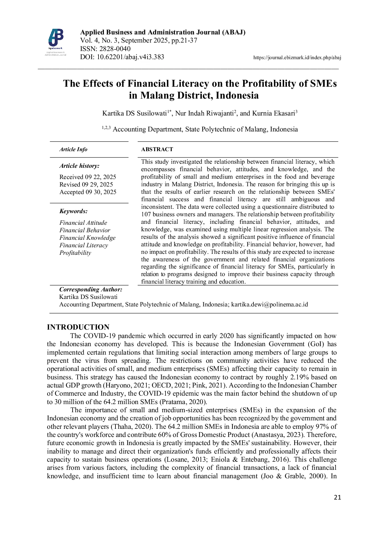 JURIS The Effects of Financial Literacy on the Profitability of SMEs in Malang District Indonesia