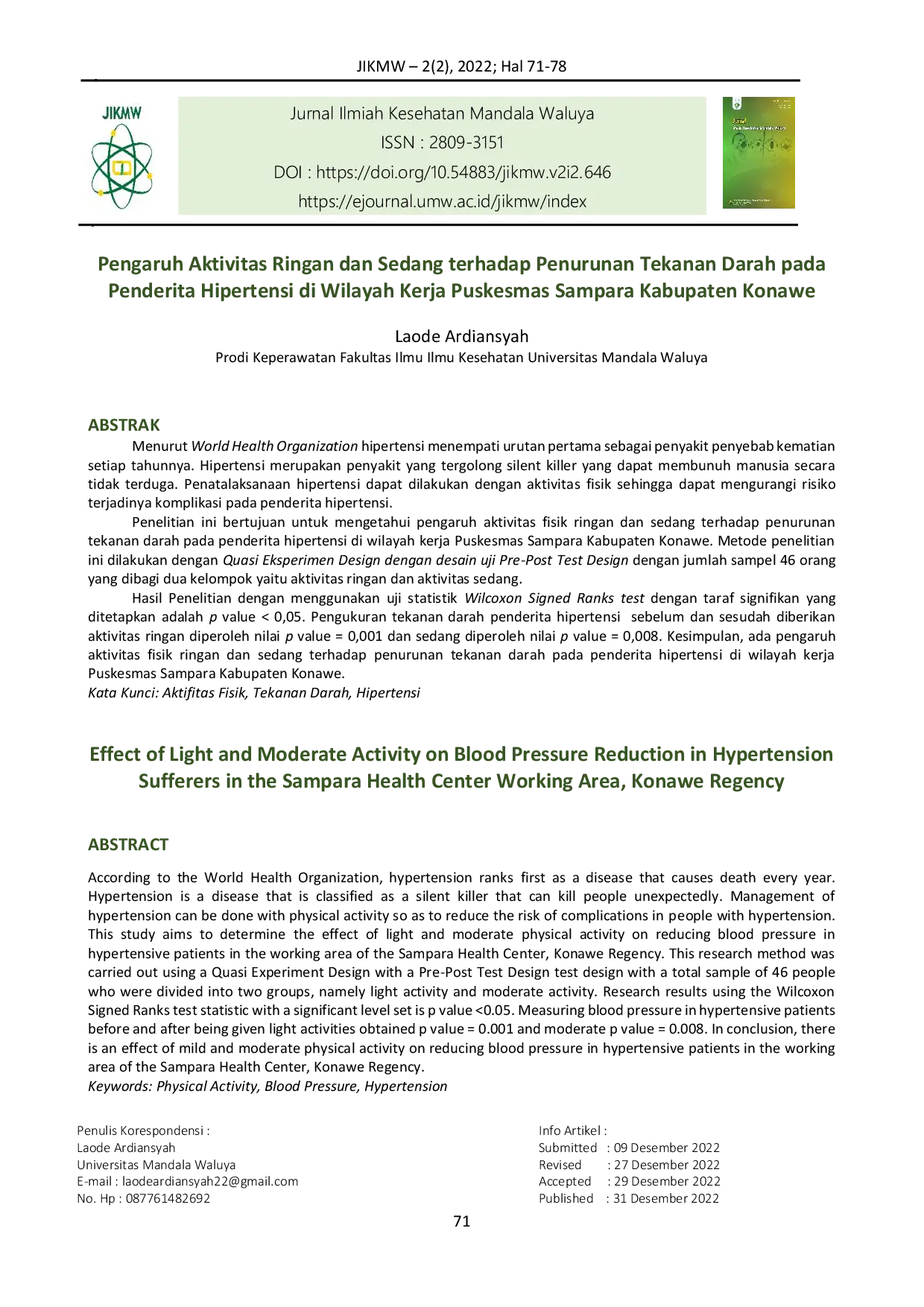 JURIS Pengaruh Aktifitas Ringan dan Sedang terhadap Penurunan Tekanan Darah pada Penderita Hipertensi di Wilayah Kerja Puskesmas Sampara Kabupaten Konawe