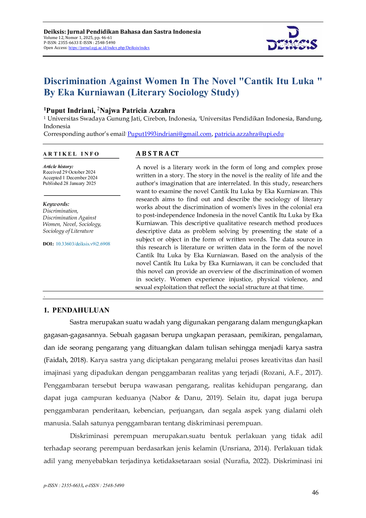 JURIS Discrimination Against Women In The Novel Cantik Itu Luka By Eka Kurniawan Literary Sociology Study