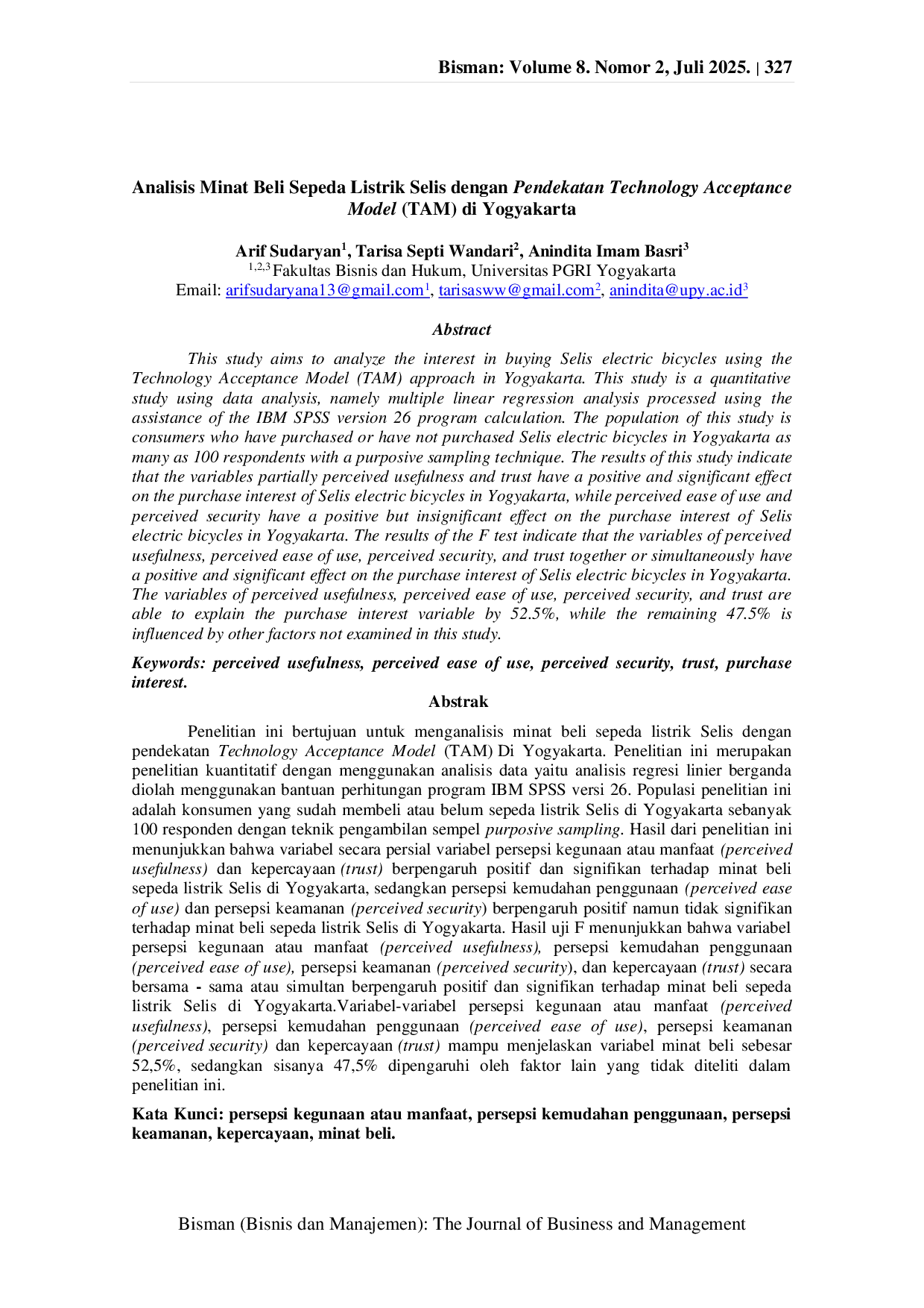 JURIS Analisis Minat Beli Sepeda Listrik Selis dengan Pendekatan Technology Acceptance Model TAM di Yogyakarta
