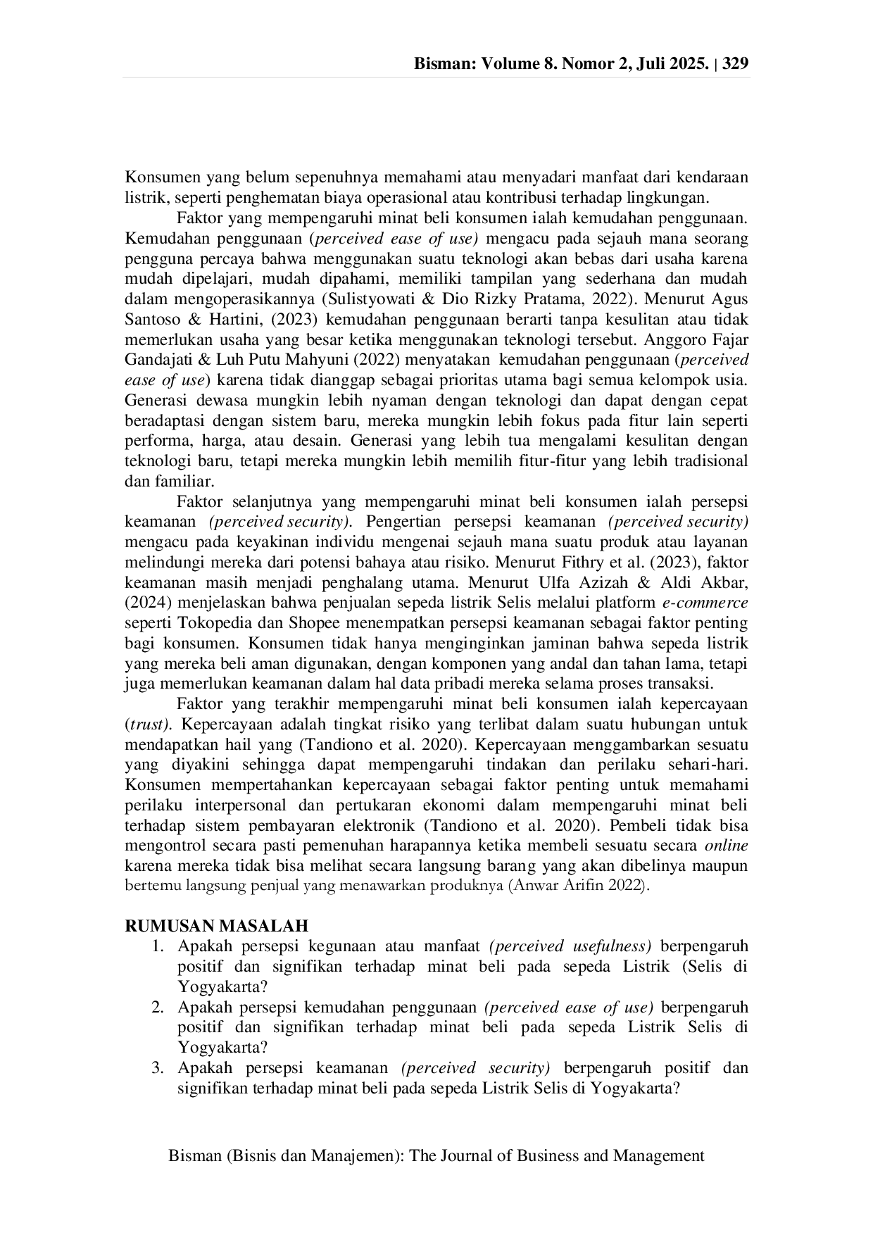 JURIS Analisis Minat Beli Sepeda Listrik Selis dengan Pendekatan Technology Acceptance Model TAM di Yogyakarta