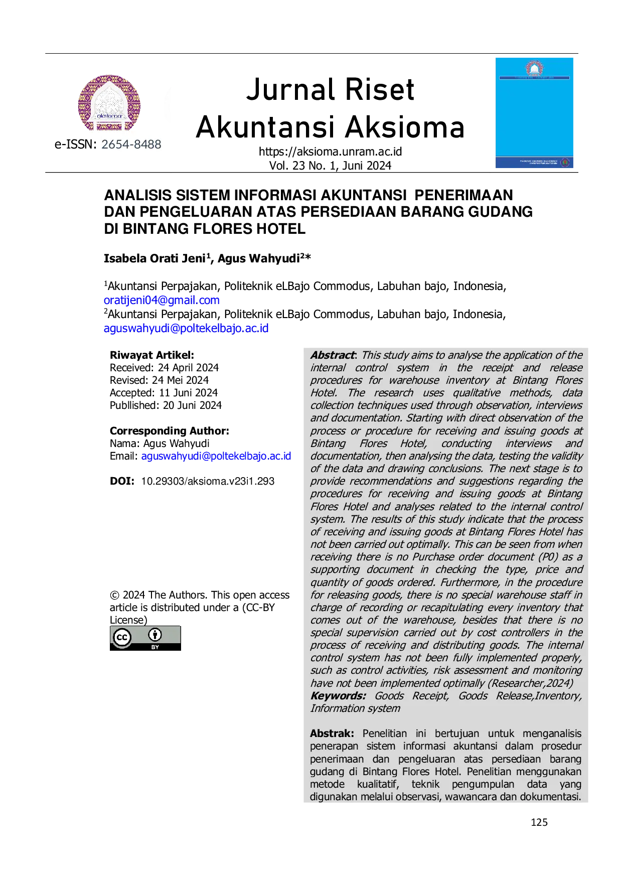 JURIS Analisis Sistem Informasi Akuntansi Penerimaan dan Pengeluaran atas Persediaan Barang Gudang di Bintang Flores Hotel