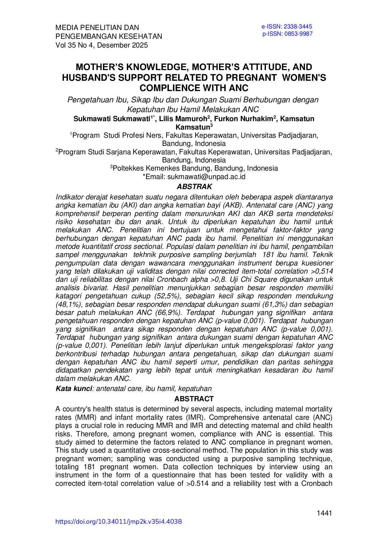 JURIS Mother s Knowledge Mother s Attitude And Husband s Support Related To Pregnant Women s Compliance With Anc