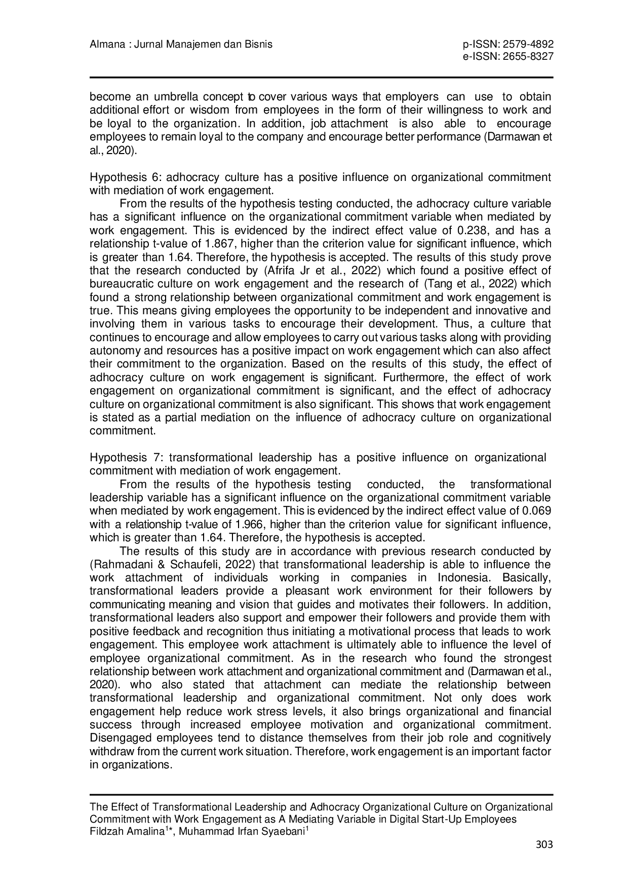 JURIS The Effect of Transformational Leadership and Adhocracy Organizational Culture on Organizational Commitment with Work Engagement as A Mediating Variable in Digital Start Up Employees