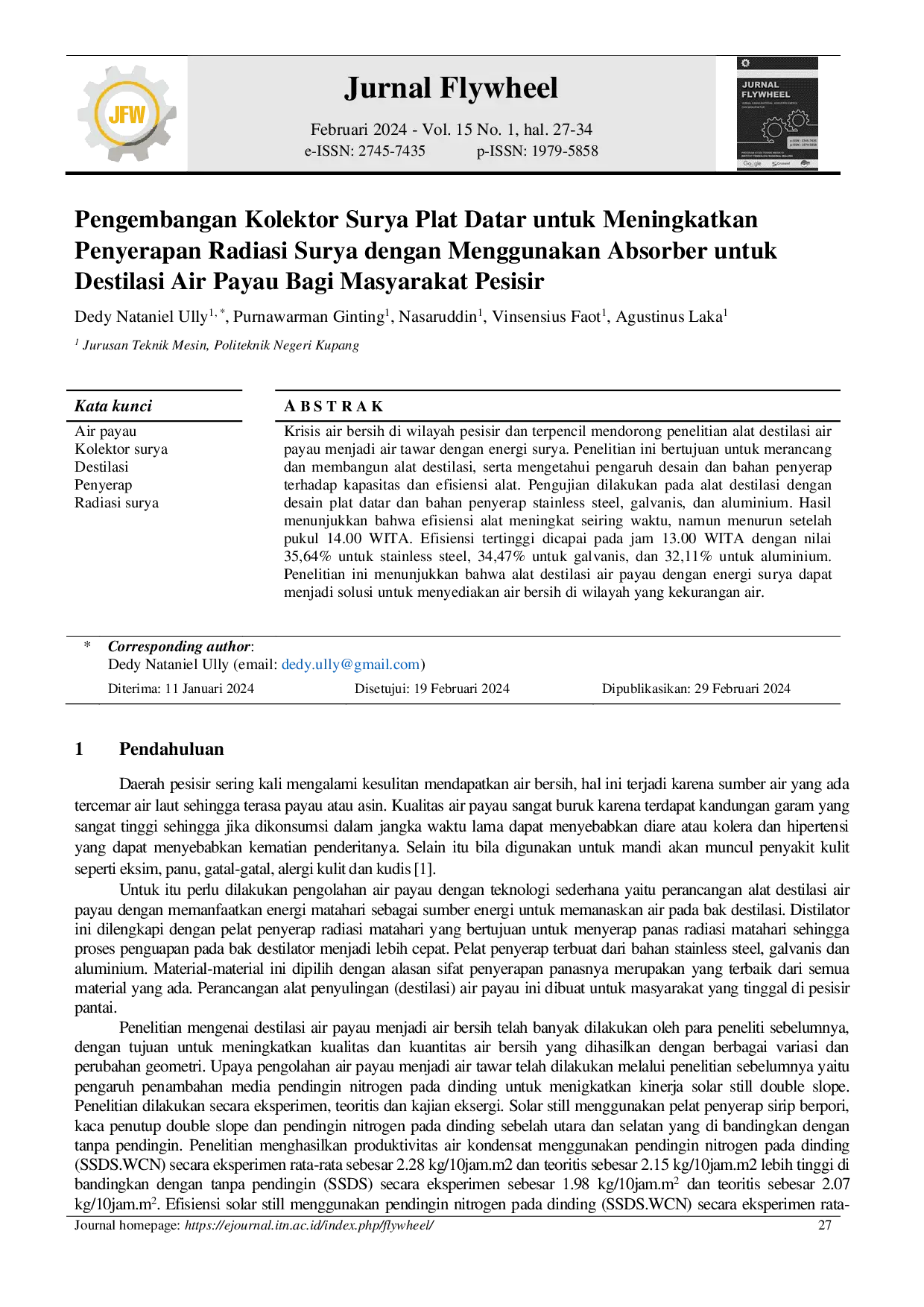 JURIS Pengembangan Kolektor Surya Pelat Datar Untuk Meningkatkan Penyerapan Radiasi Surya Menggunakan Absorber Untuk Destilasi Air Payau Bagi Masyarakat Pesisir