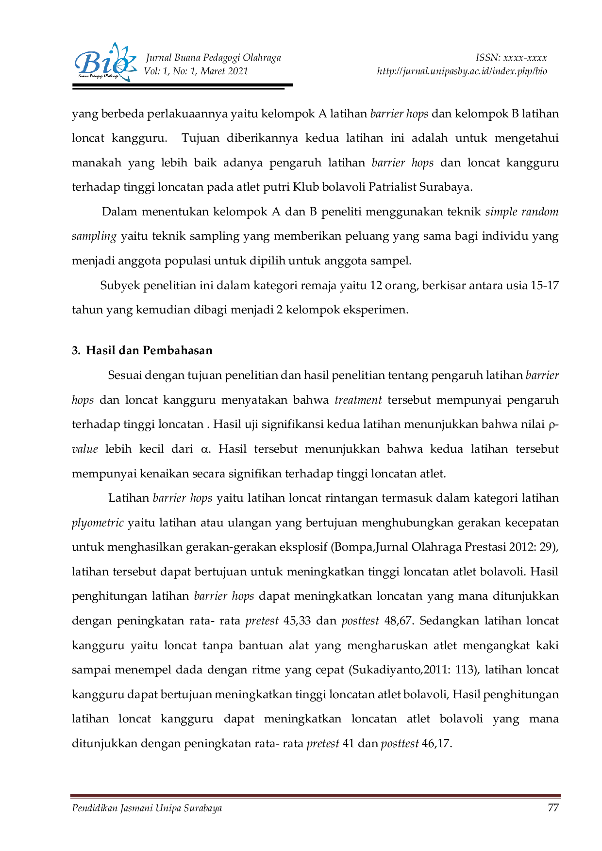 JURIS Pengaruh Latihan Barrier Hops Dan Loncat Kangguru Terhadap Tinggi Loncatan