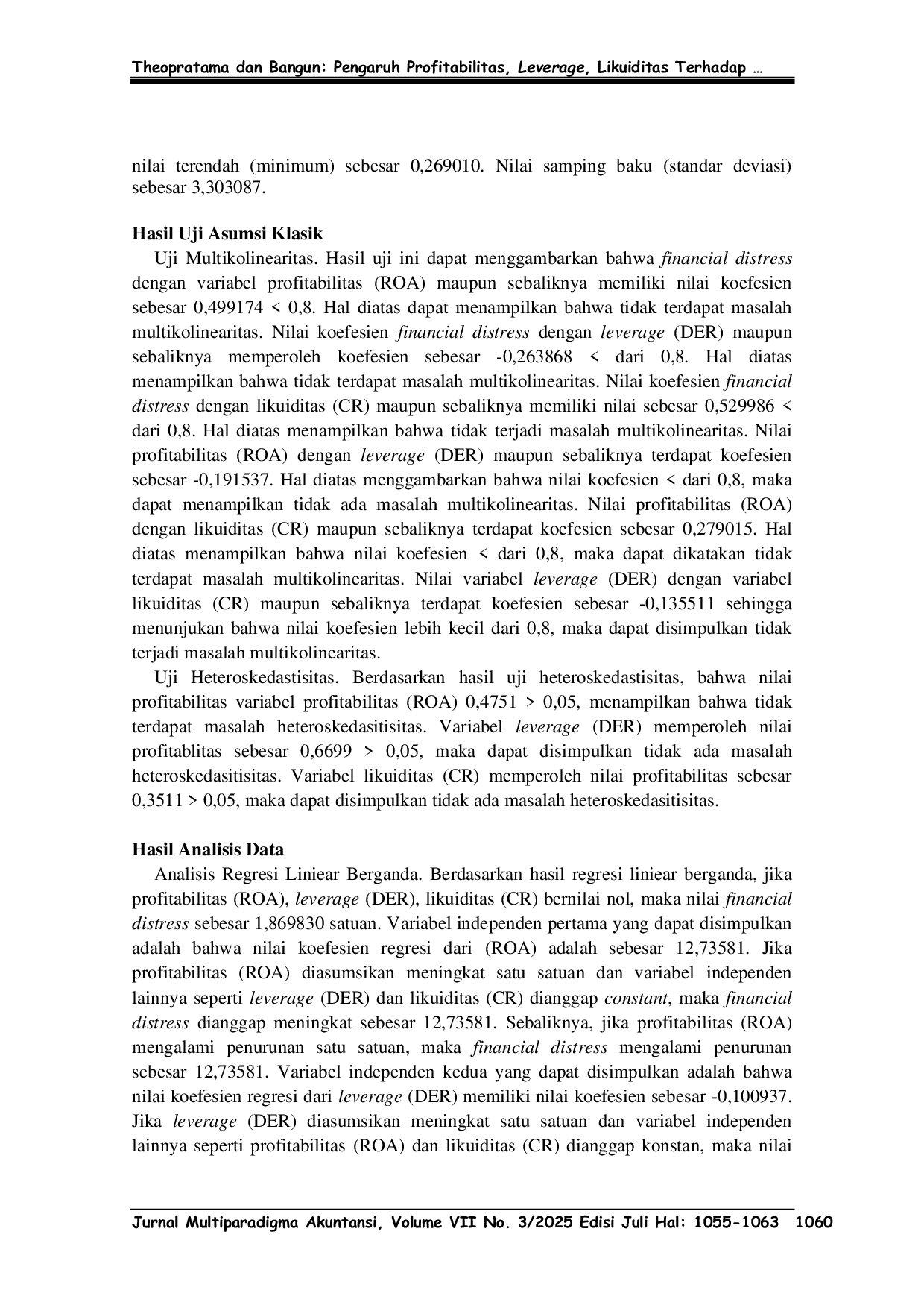 JURIS Pengaruh Profitabilitas Leverage Likuiditas Terhadap Financial Distress Pada Perusahaan Makanan dan Minuman